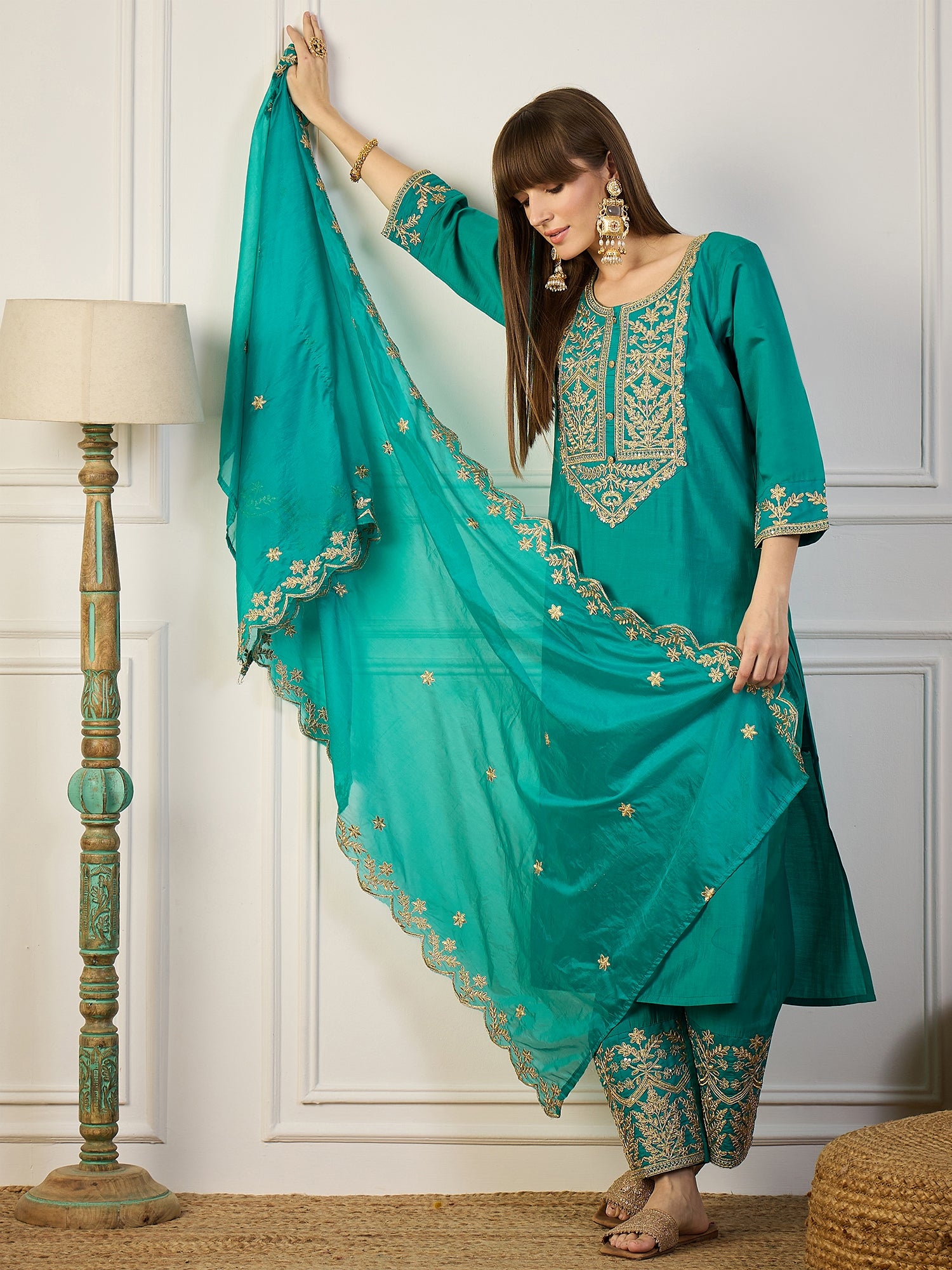Heer Blue Floral Embroidered Thread Work Kurta with Palazzo & Dupatta Suits
