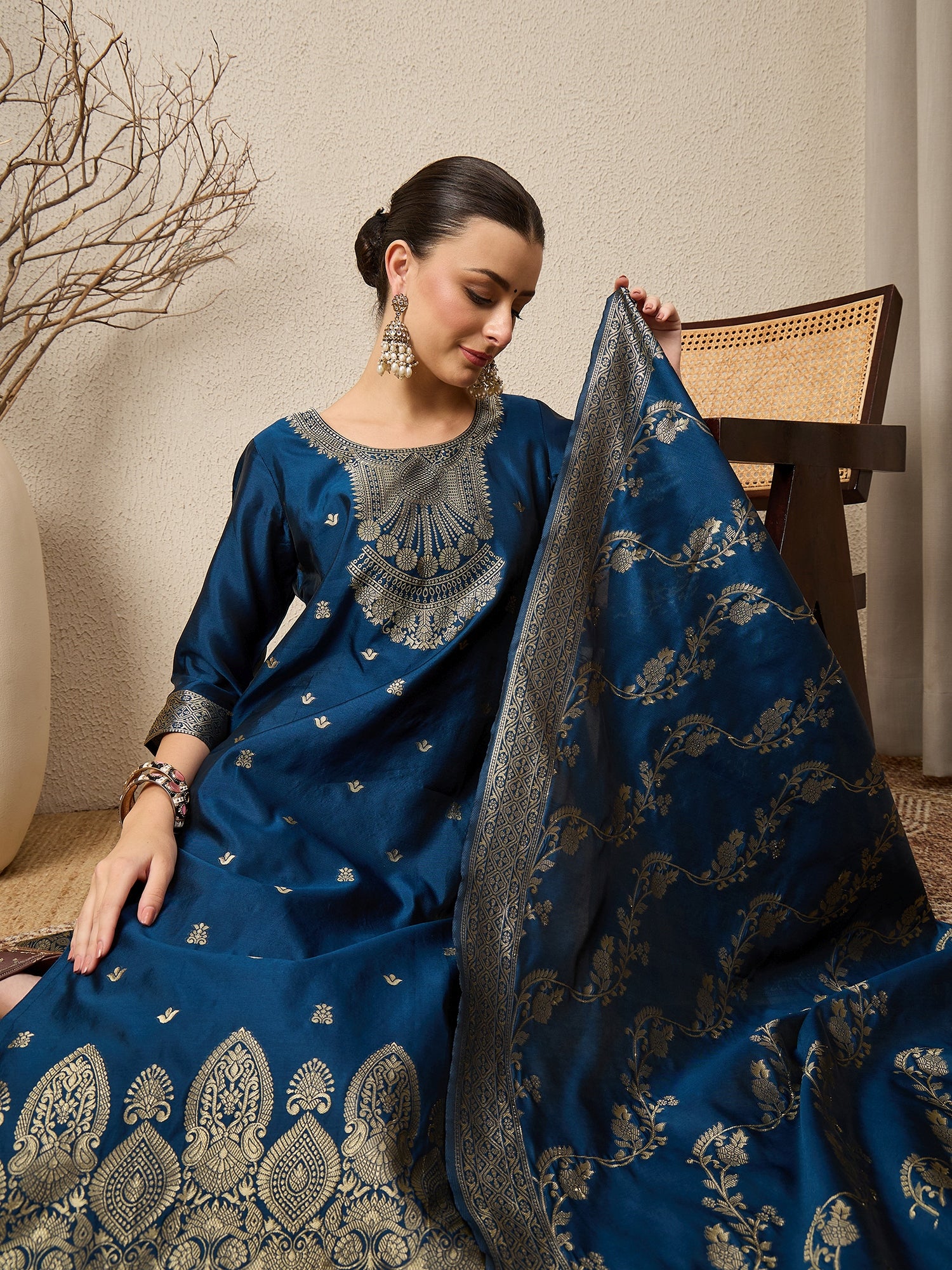 Malika Premium Kurta Set with Bottom and Dupatta Zari Work Comfortable Stylish