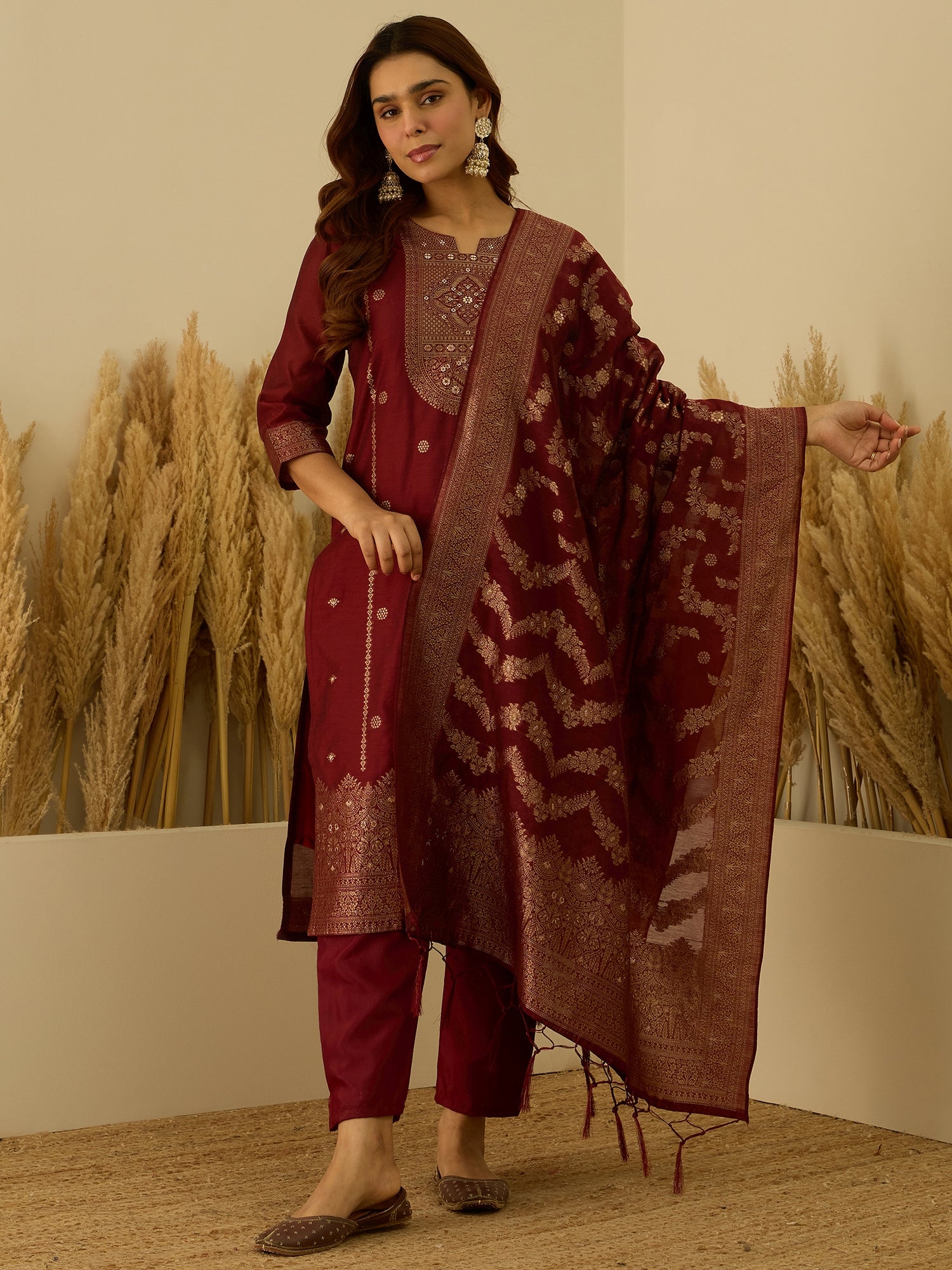 Aarambh Red Women's Silk Blend Banarasi Jacquard Zari Woven Straight Kurta Pant with Dupatta Set