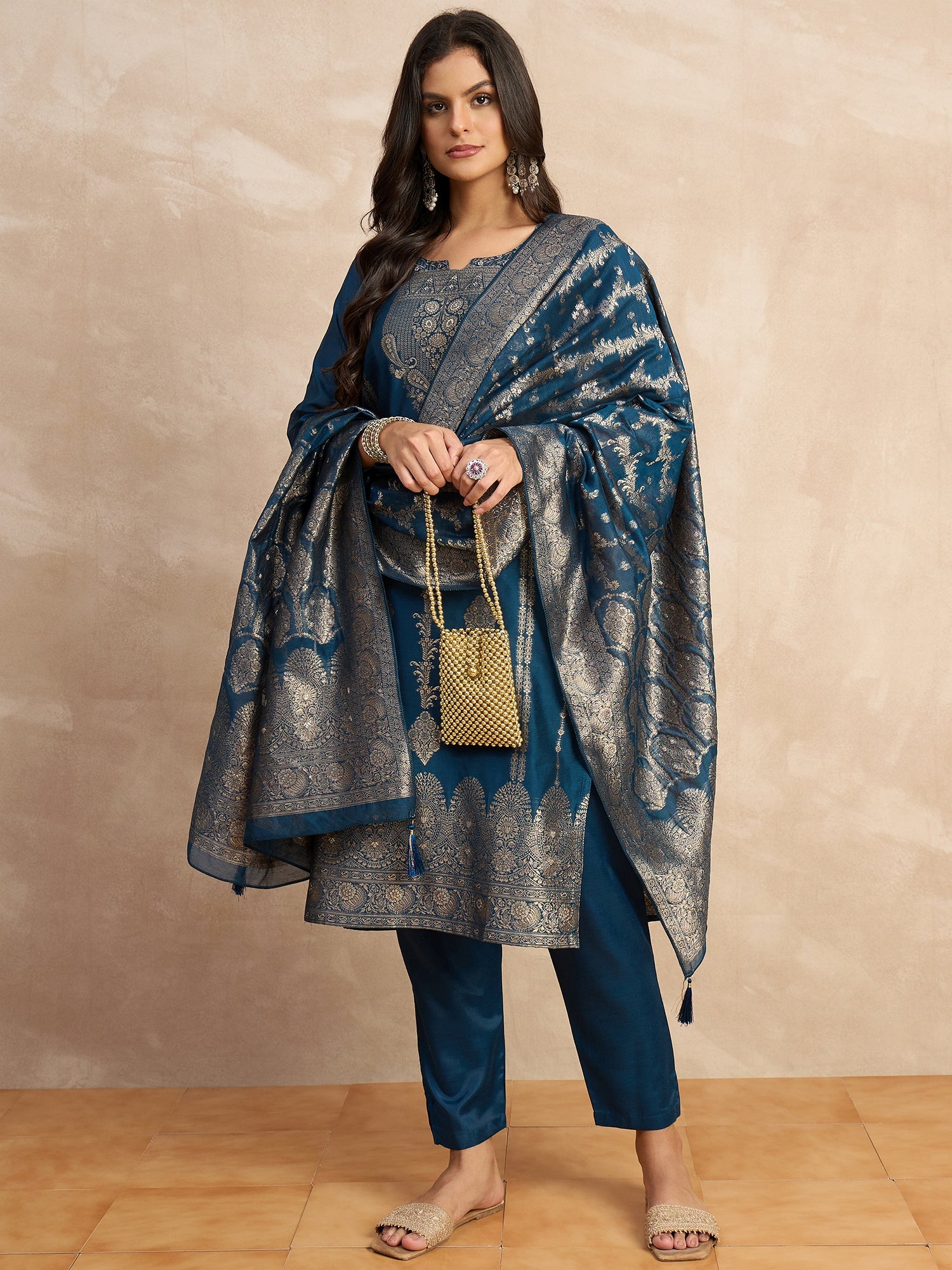 Paneri Teal blue Women's Silk Blend Banarasi Jacquard Zari Woven Straight Kurta Pant with Dupatta Set