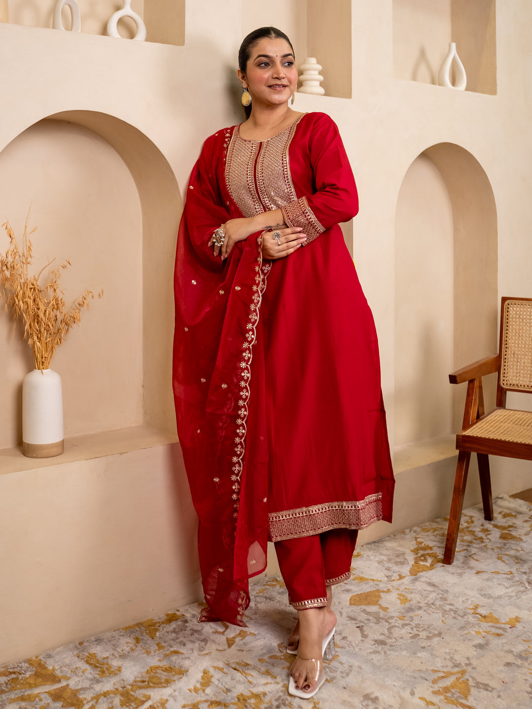 Vanya Red Embroidered Silk Blend Suit Set With Dupatta