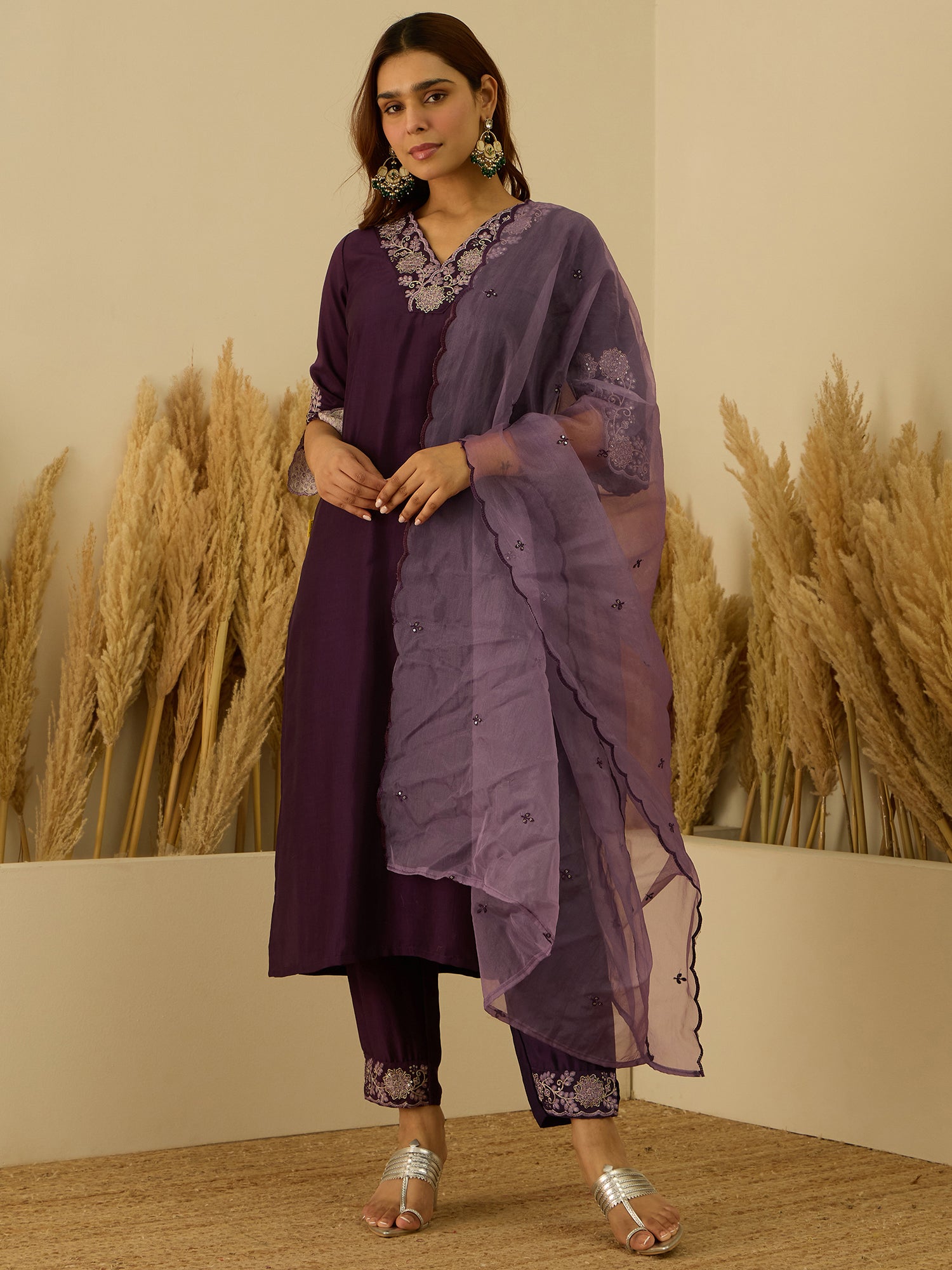 VredeVogel Women Kurta and Pant Sets Chanderi Silk Blend