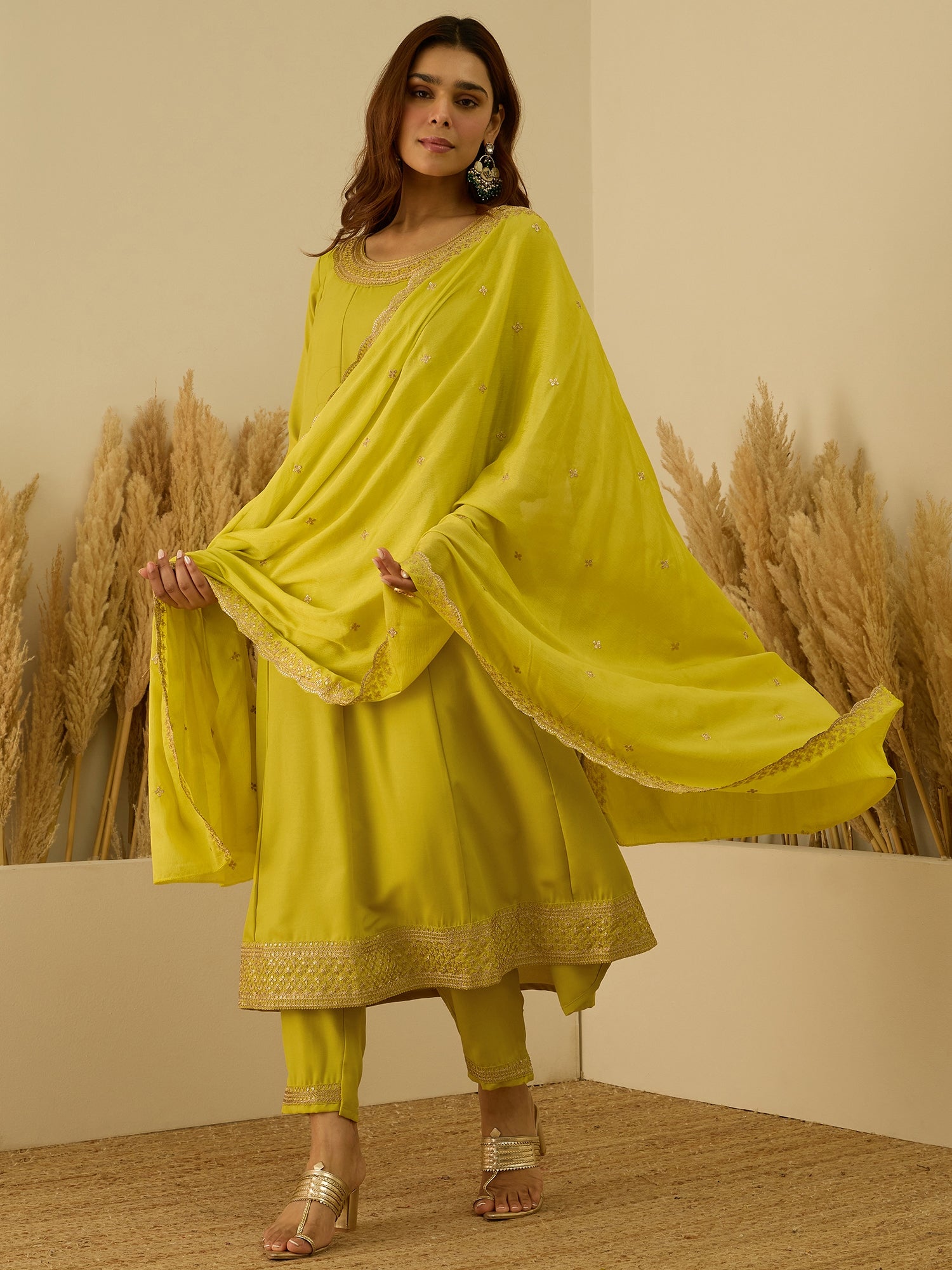 Lalita Lemon Stylish Anarkali Kurta Set Ready to Wear Soft Silk Fabric with Embroidered Dupatta Tailored Fit