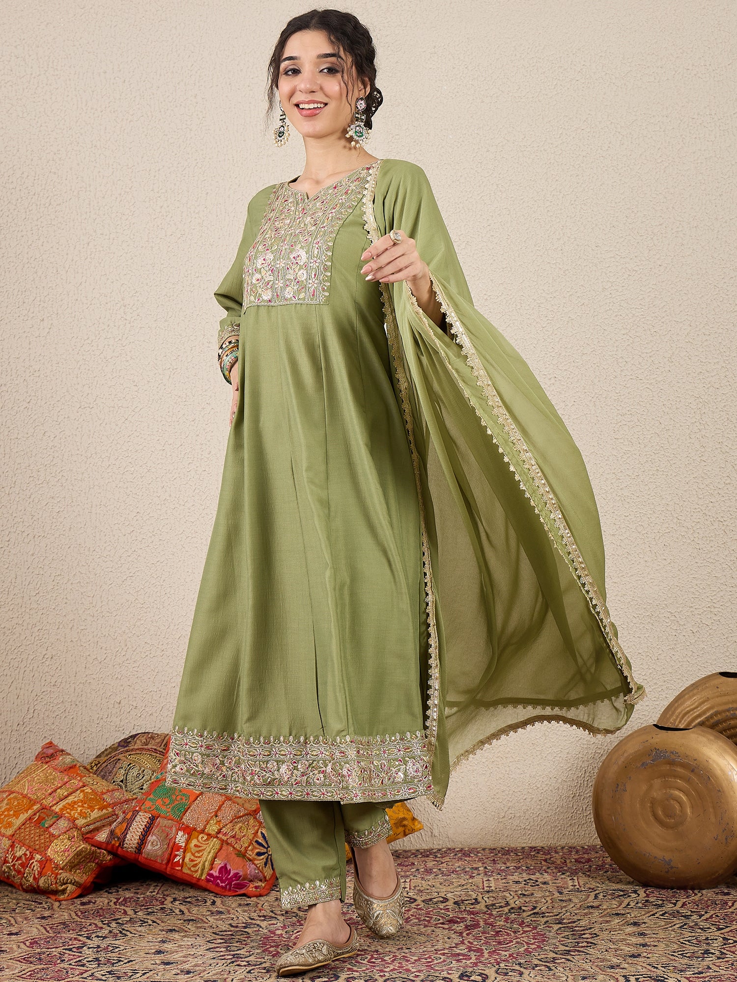 Shweta Festive Embroidered Russian Silk Mehndi Anarkali Set
