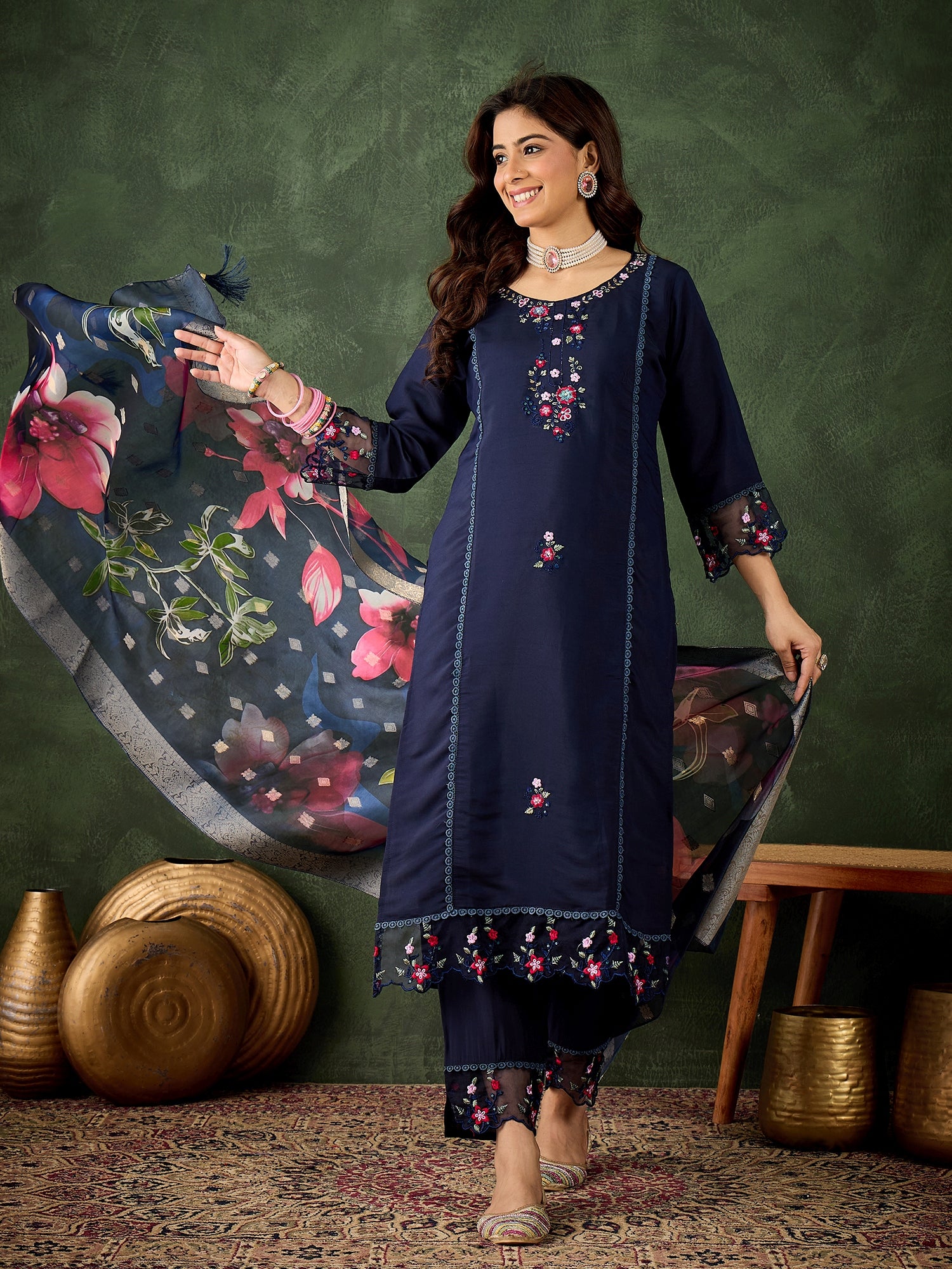 VredeVogel Viscose Roman Silk Calf Length Kurta Set Dupatta