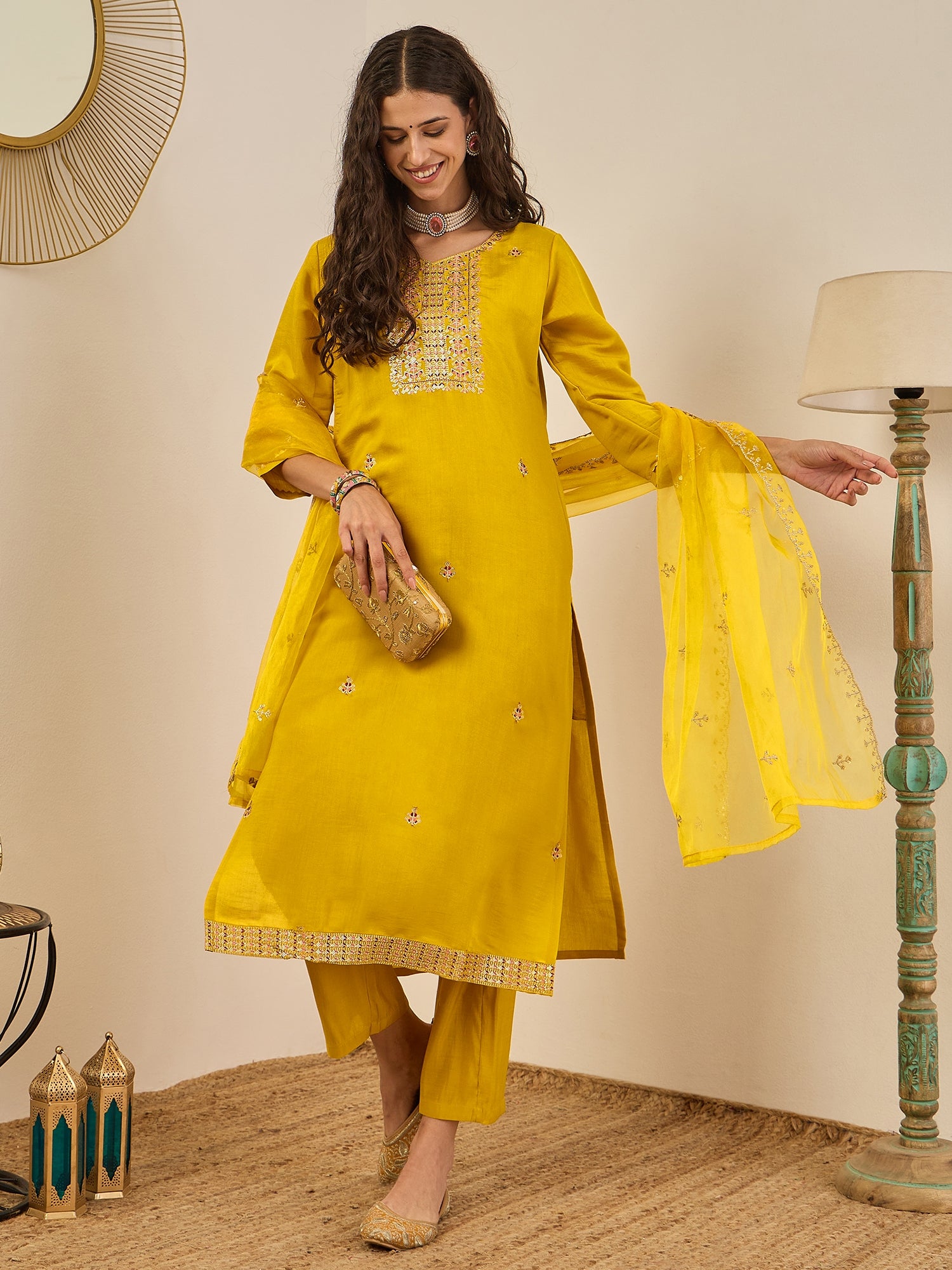 Vedhika Women's Embroidered Silk Blend Calf Length Straight Kurta Trouser with Dupatta Set