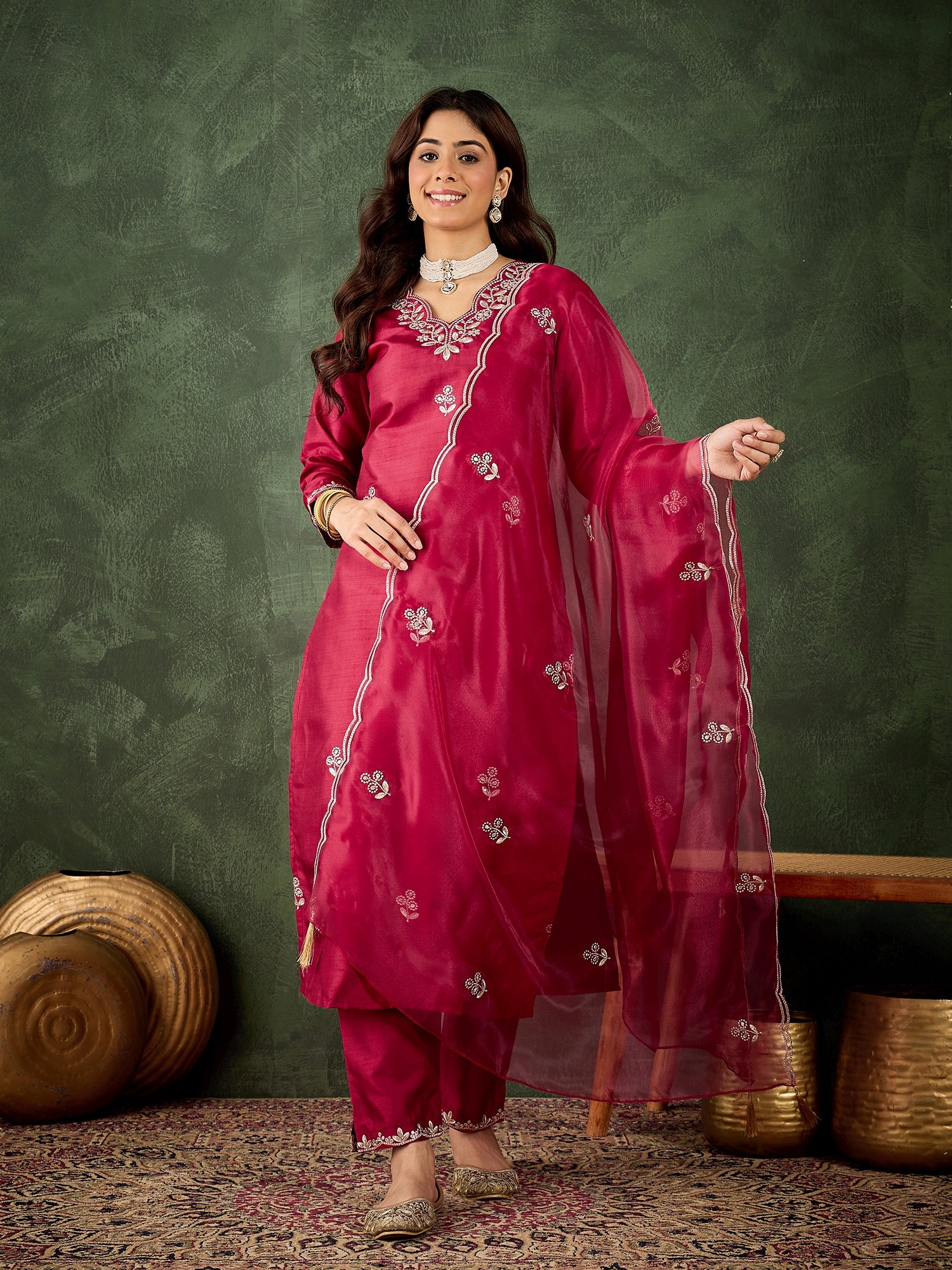 Riwaayat Women Kurta and Pant Dupatta Sets Silk Blend Fabrics with Embroidery