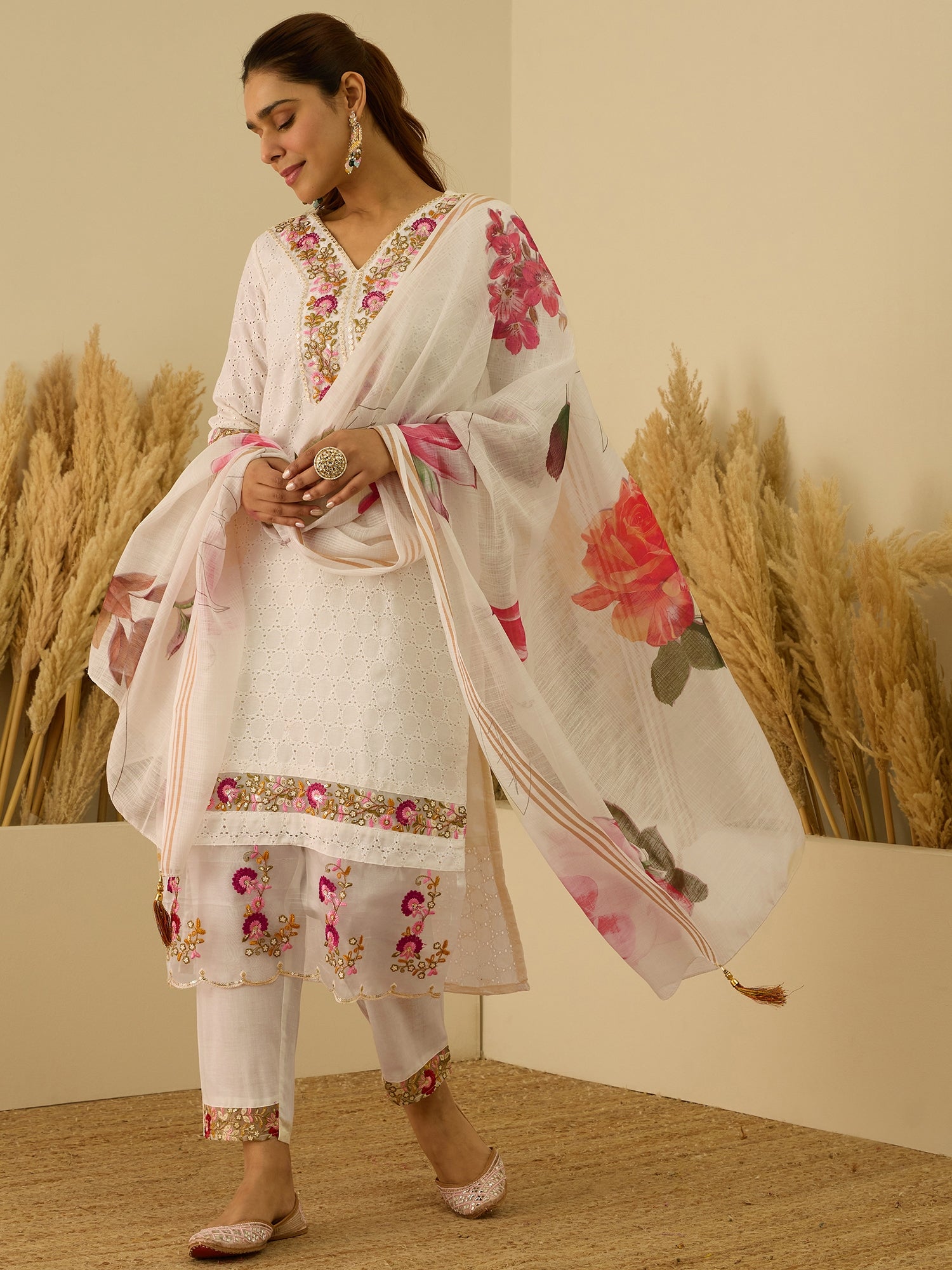 VredeVogel Off-White Cotton Blend Embroidered with Sequins Straight Kurta Set with Trousers & Dupatta
