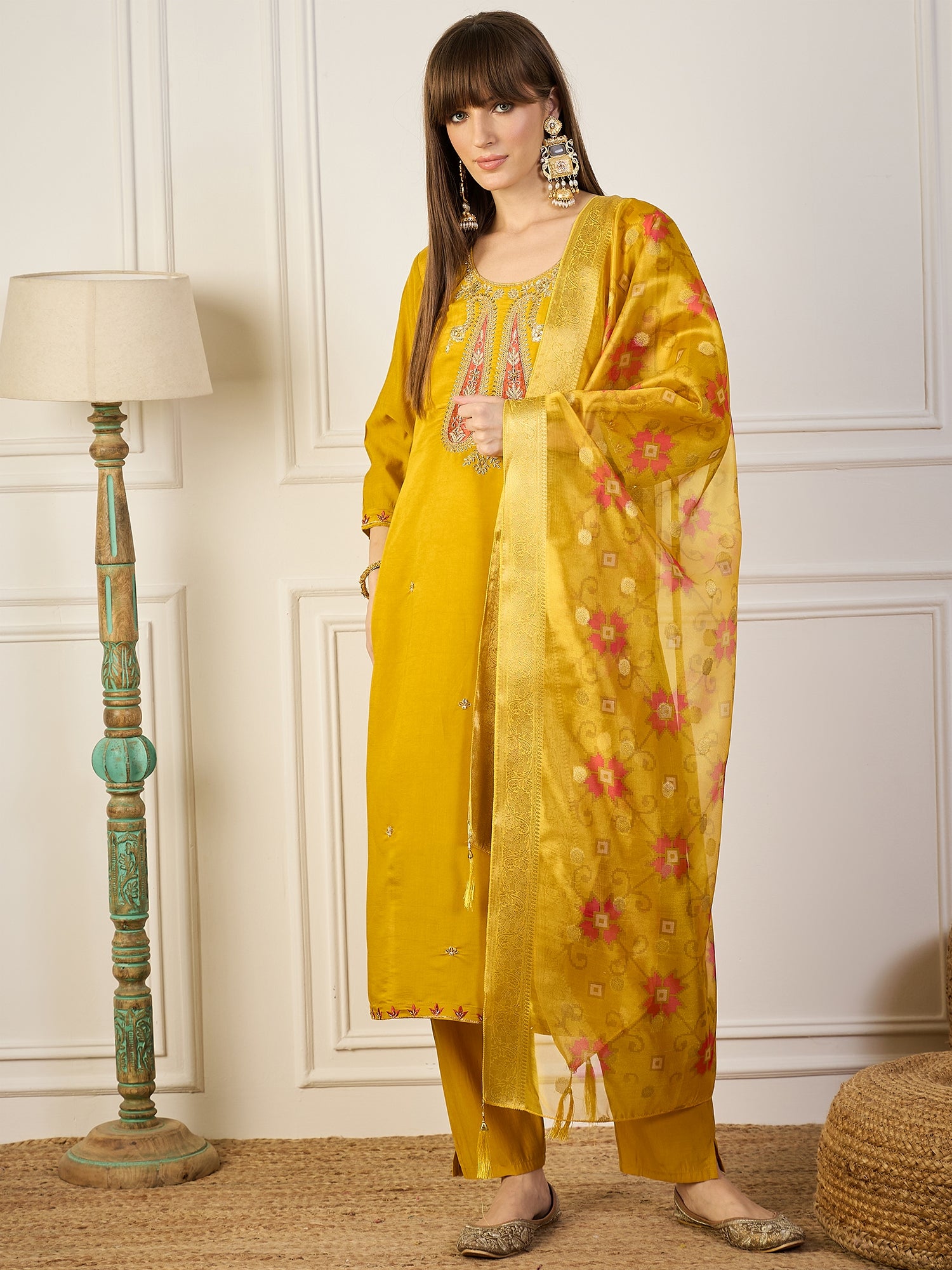 Akshara  Yellow Silk Blend Kurta Set with Beaded Embroidered Design & Organza Dupatta