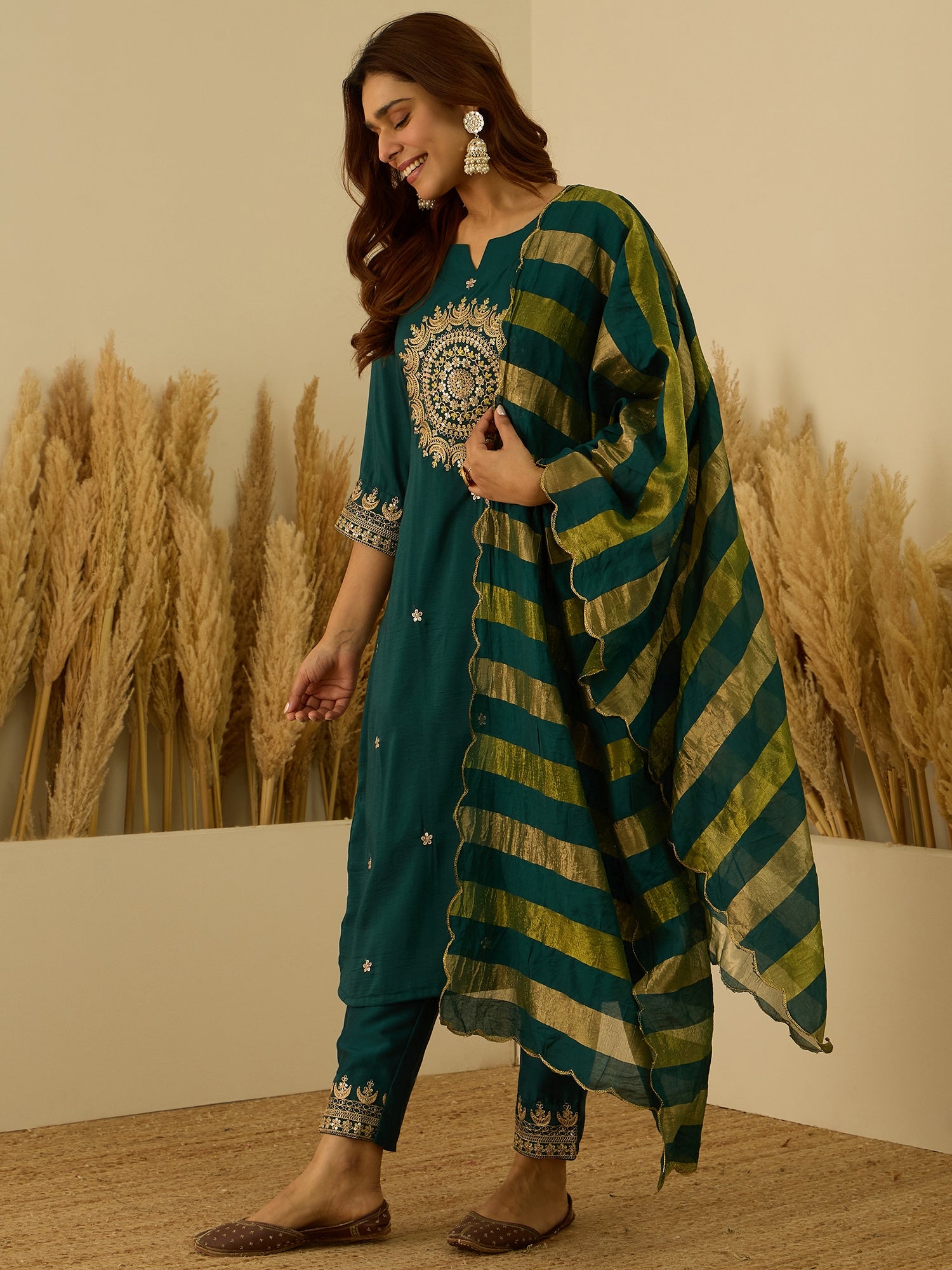 VredeVogel Teal Women Kurta and Pant Dupatta Sets Chanderi Silk Fabrics with Embroidery