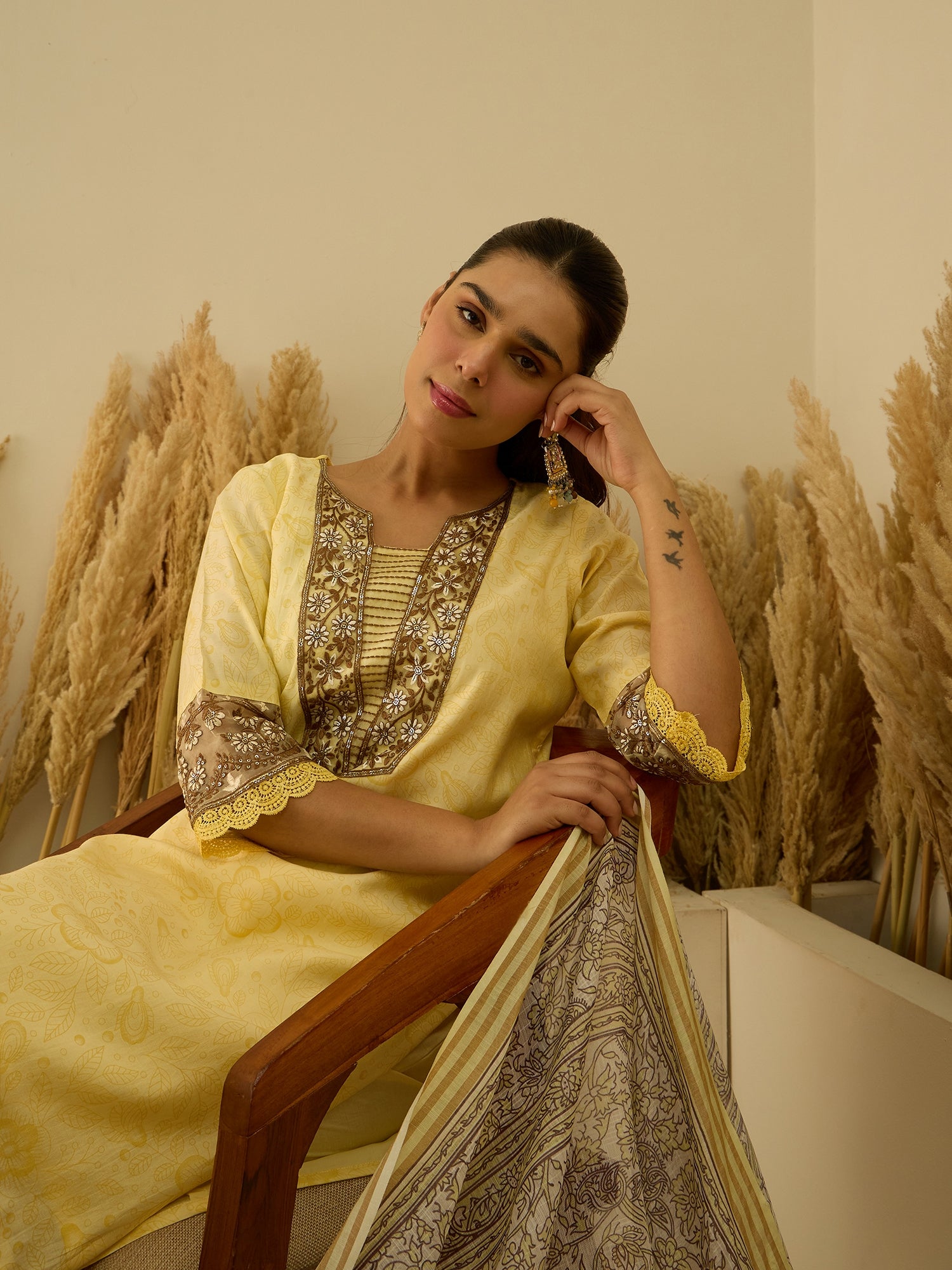Lavanya Yellow Women's Embroidered Silk Blend Calf Length Straight Kurta Trouser with Dupatta Set