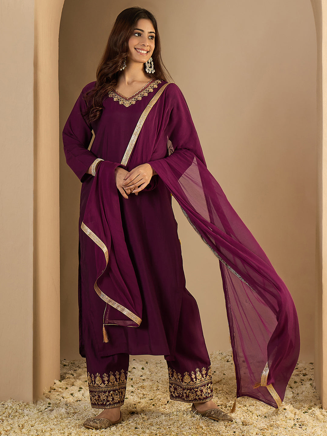 Riya Embroidered Silk Blend Calf Length Straight Kurta with Palazzo & Dupatta Set