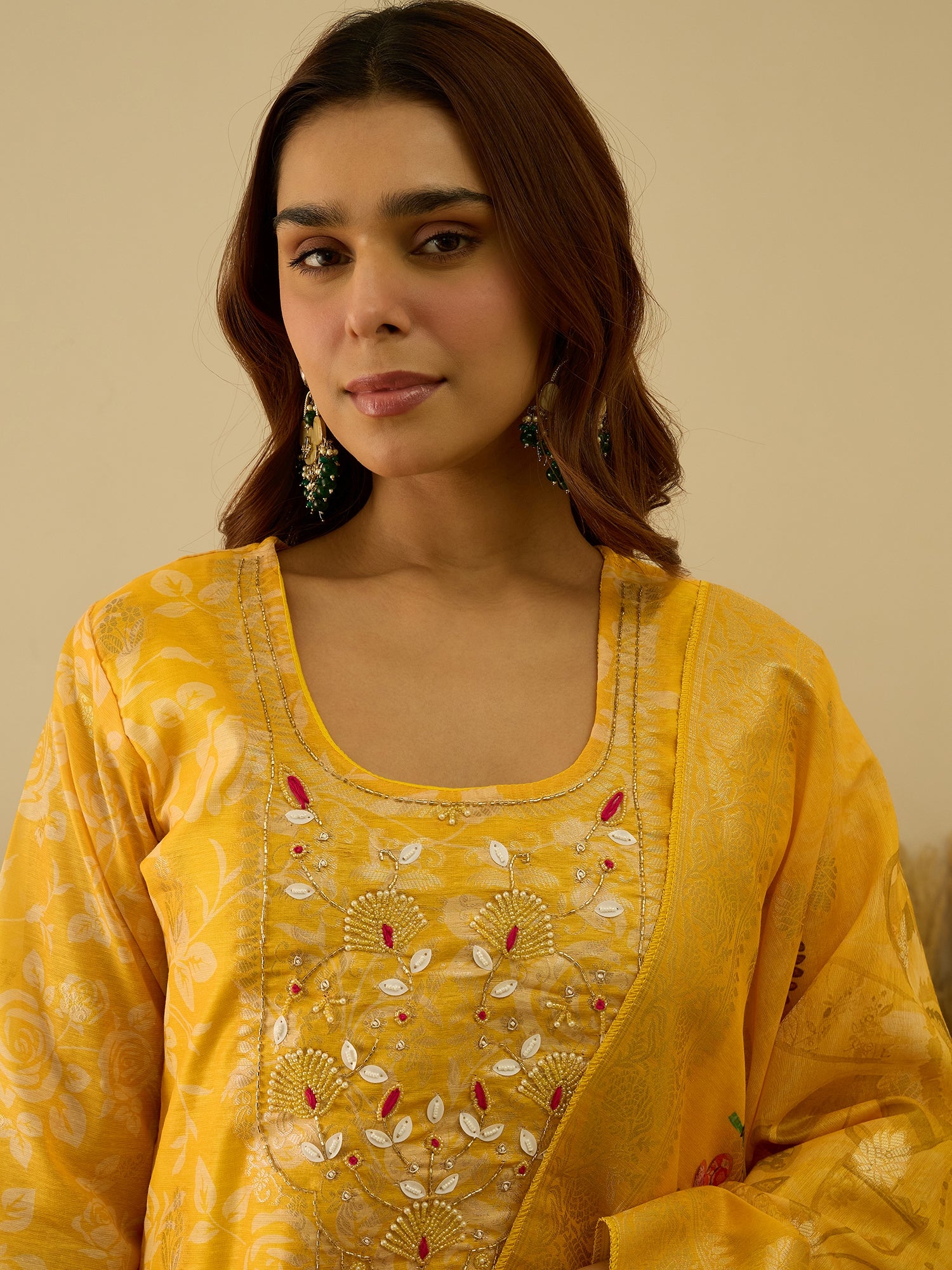 VredeVogel Yellow Silk Blend Embroidered Straight Kurta Set with Trousers & Dupatta