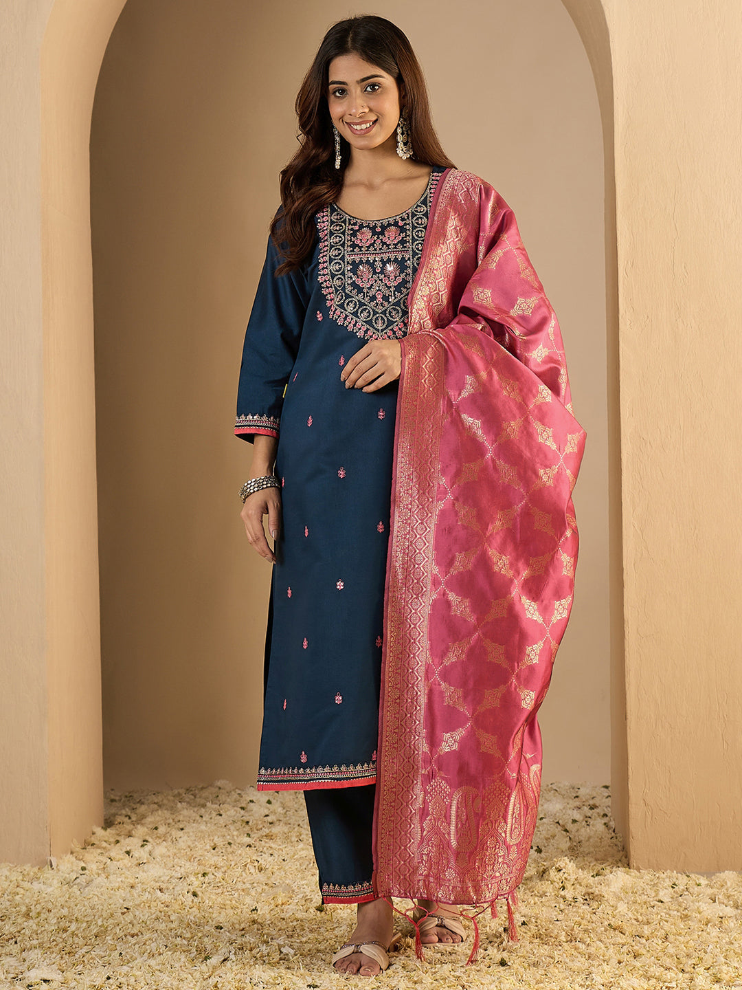 Indu Teal Silk Blend Embroidered Straight Suit Set With Dupatta
