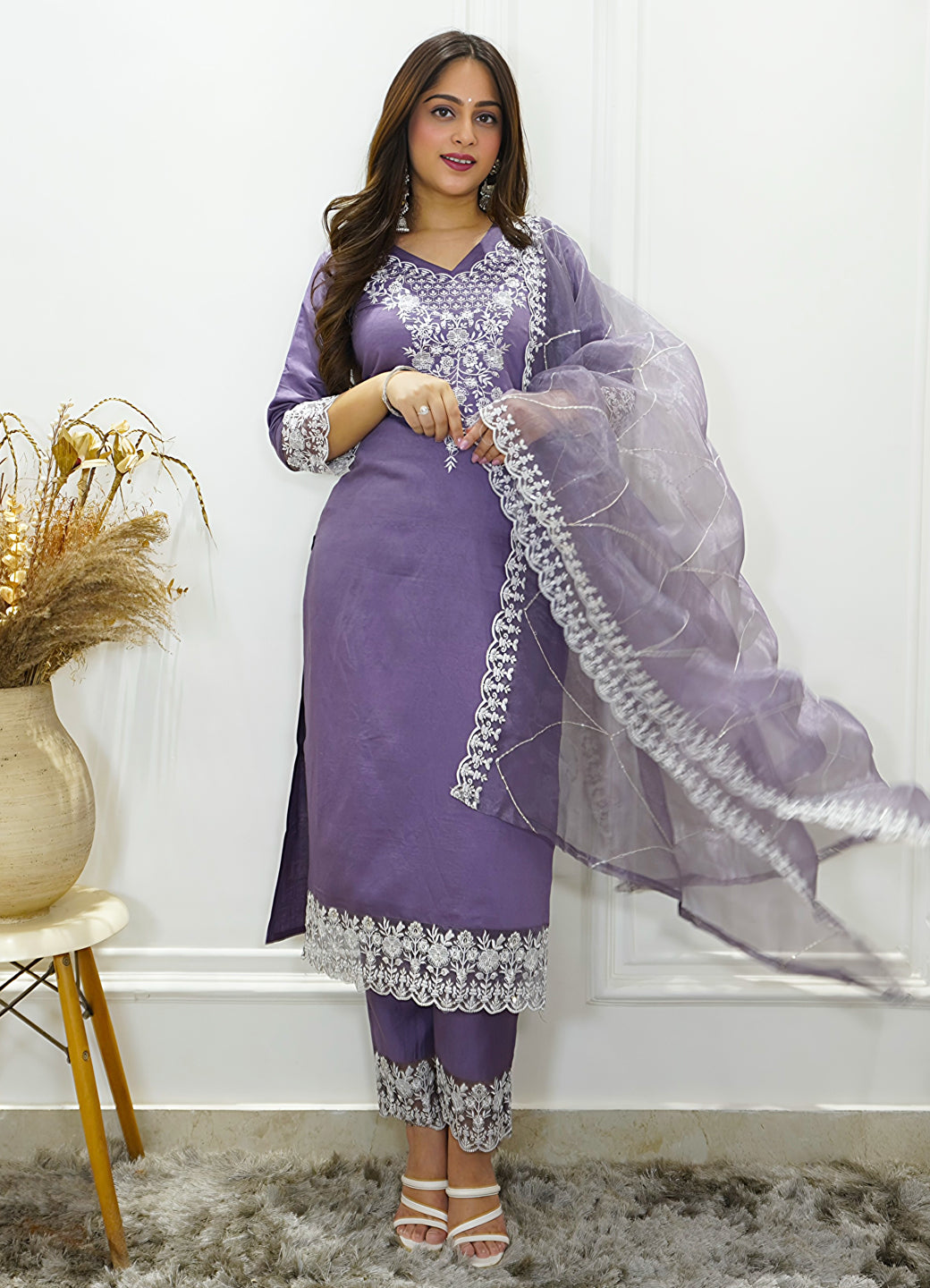 Shaam Lavender Silk Blend Calf Length Embroidered Straight Suit Set