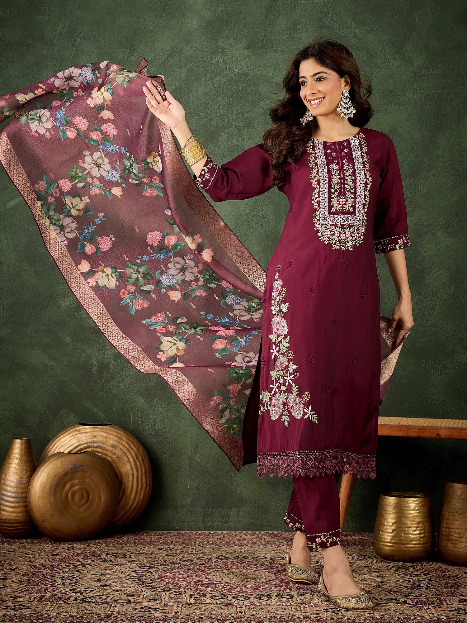 Varnam Women Silk Blend Kurta Pant Dupatta Set