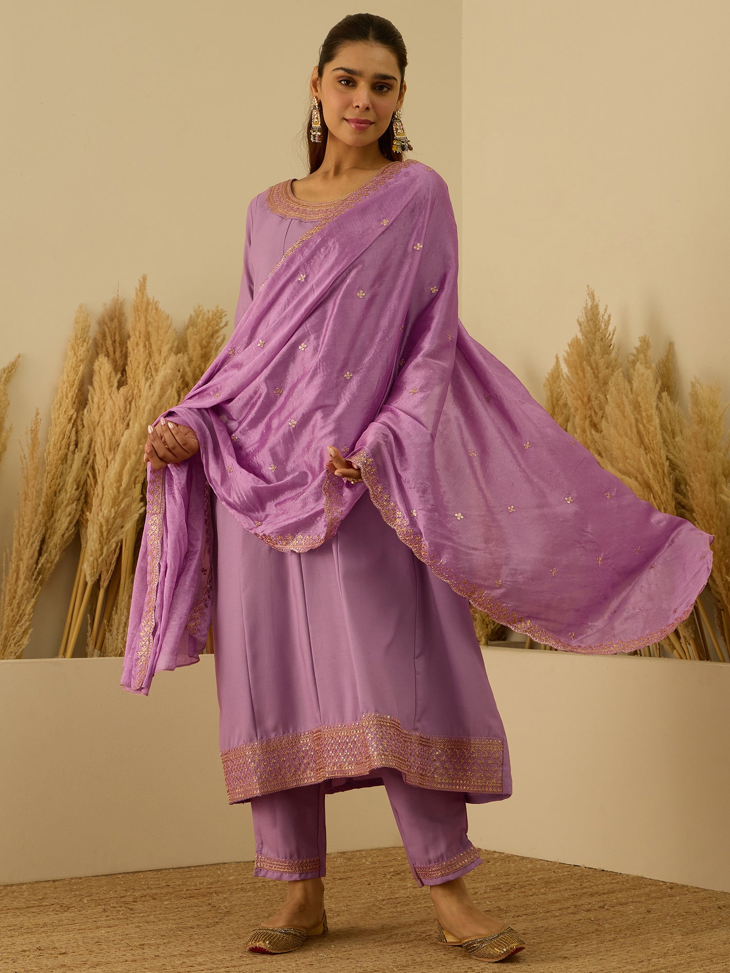 Navrangi Lavender Stylish Anarkali Kurta Set Ready to Wear Soft Silk Fabric with Embroidered Dupatta Tailored Fit