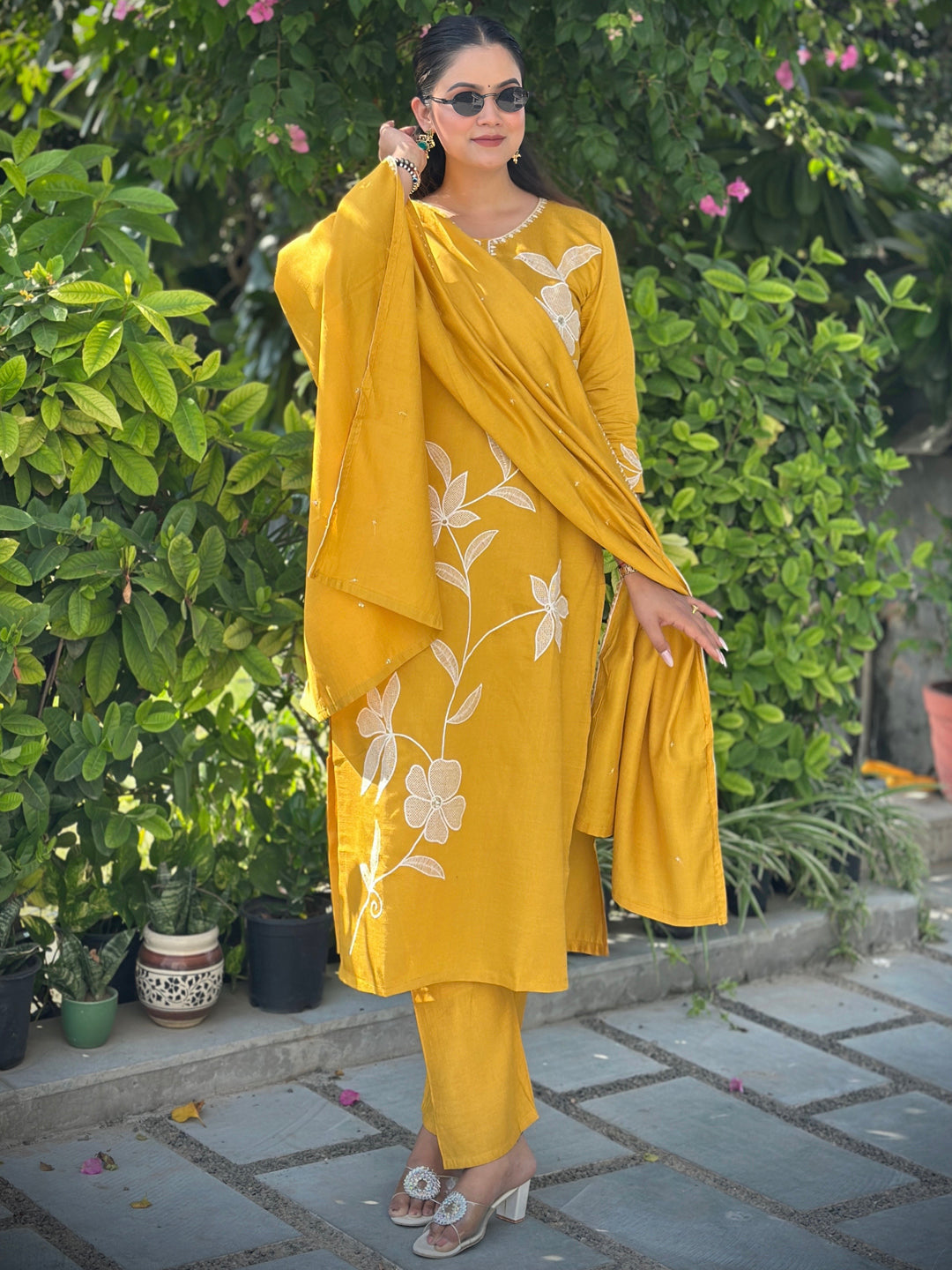 Samyuktha Yellow Embroidery Silk Straight Kurta With Trousers & Dupatta Sets