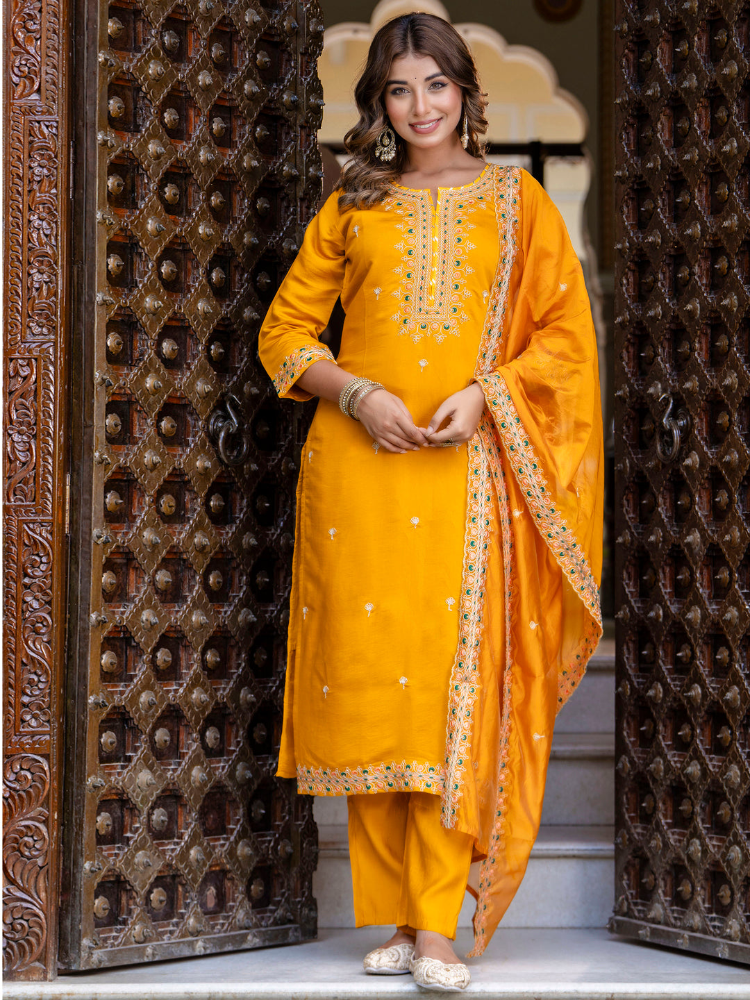 VredeVogel Women's Embroidered Silk Blend Calf Length Straight Kurta Trouser with Dupatta Set