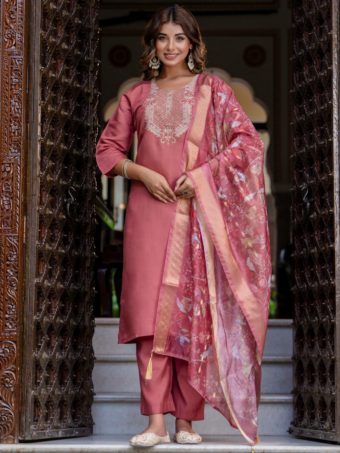 VredeVogel Women's Embroidered Silk Blend Calf Length Straight Kurta Trouser with Dupatta Set