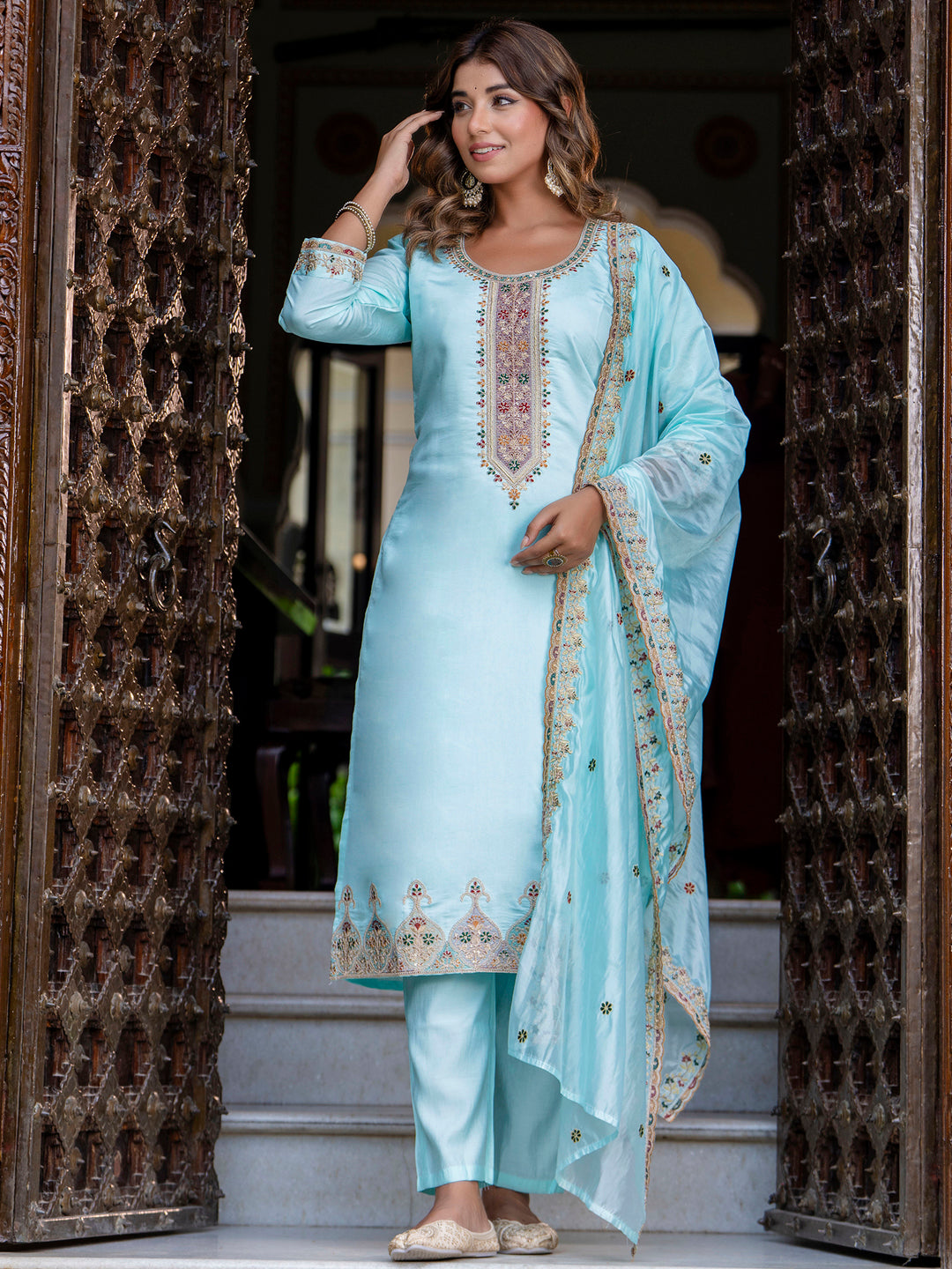 VredeVogel Women's Embroidered Silk Blend Calf Length Straight Kurta Trouser with Dupatta Set