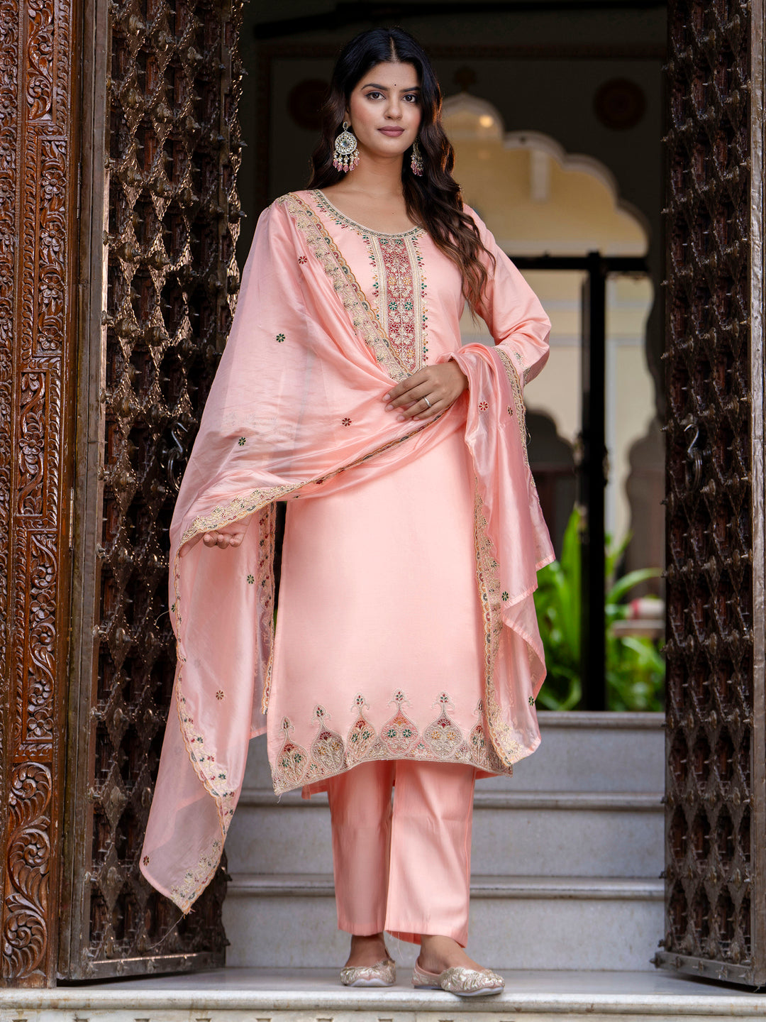 VredeVogel Women's Embroidered Silk Blend Calf Length Straight Kurta Trouser with Dupatta Set