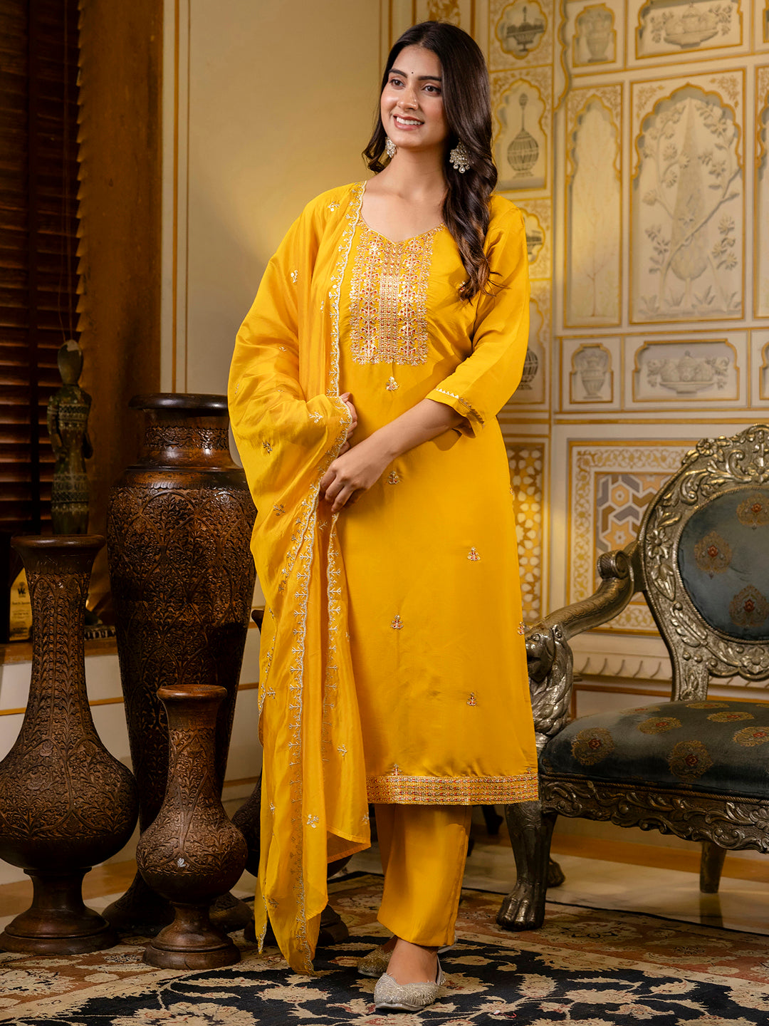 VredeVogel Women's Embroidered Silk Blend Calf Length Straight Kurta with Palazzo & Dupatta Set