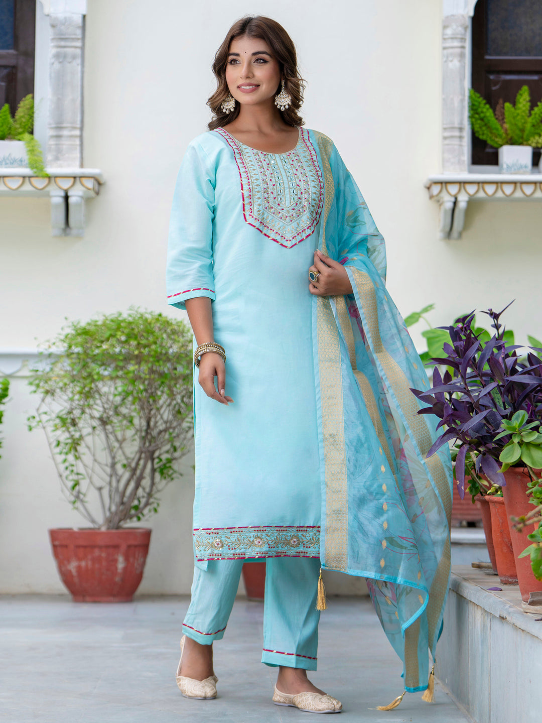 VredeVogel Women's Embroidered Silk Blend Calf Length Straight Kurta Trouser with Dupatta Set
