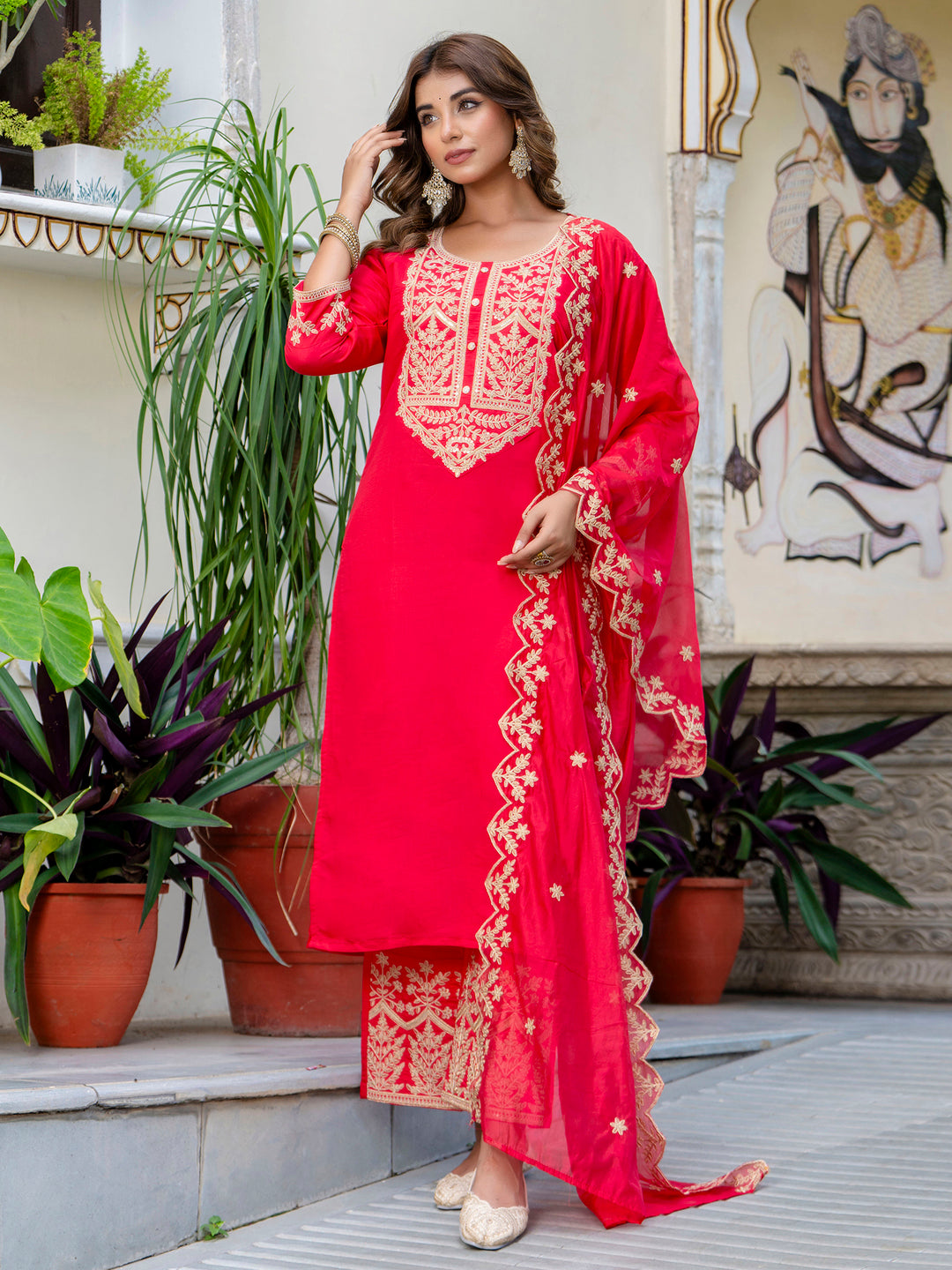 VredeVogel Women's Embroidered Silk Blend Calf Length Straight Kurta with Palazzo & Dupatta Set