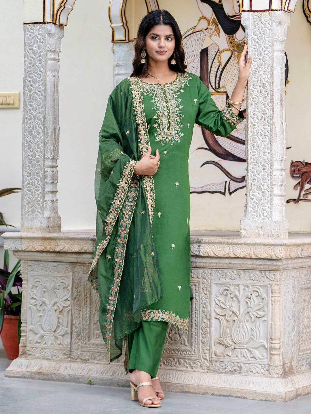 VredeVogel Women's Embroidered Silk Blend Calf Length Straight Kurta Trouser with Dupatta Set