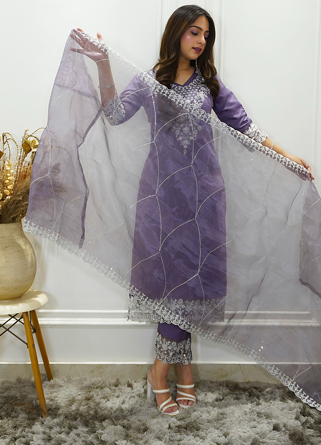 Shaam Lavender Silk Blend Calf Length Embroidered Straight Suit Set