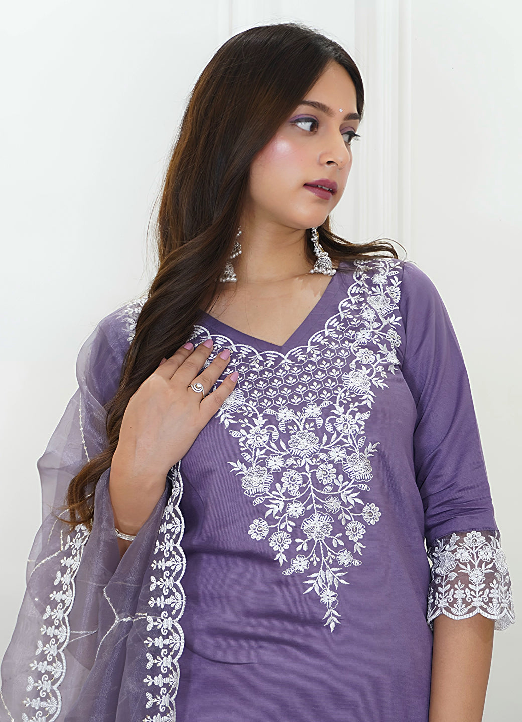 Shaam Lavender Silk Blend Calf Length Embroidered Straight Suit Set