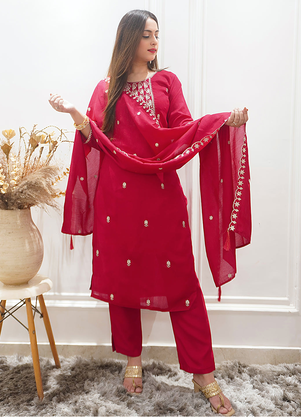 Zariyaa Silk Blend Embroidered Anarkali Kurta Pant Set with Dupatta Party Wear Ethnic Suit for Women
