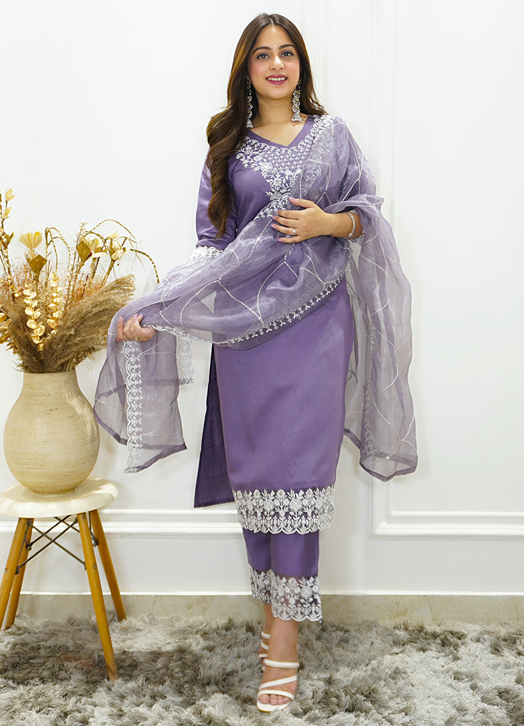 Shaam Lavender Silk Blend Calf Length Embroidered Straight Suit Set