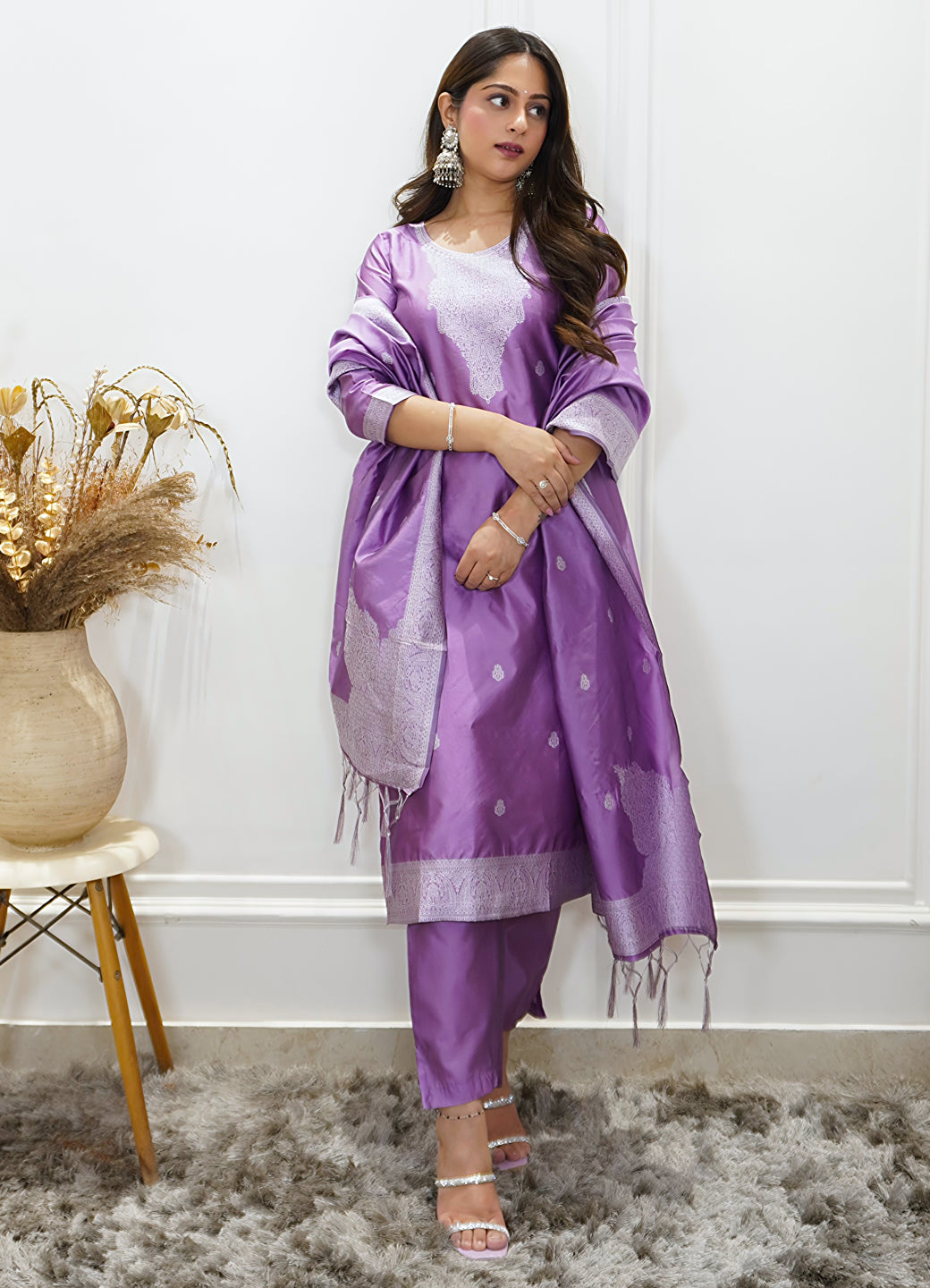 Vedhika Womens Embroidered Cotton Blend Kurta Pant Set with Banarasi Silk Dupatta Elegant Ethnic Wear
