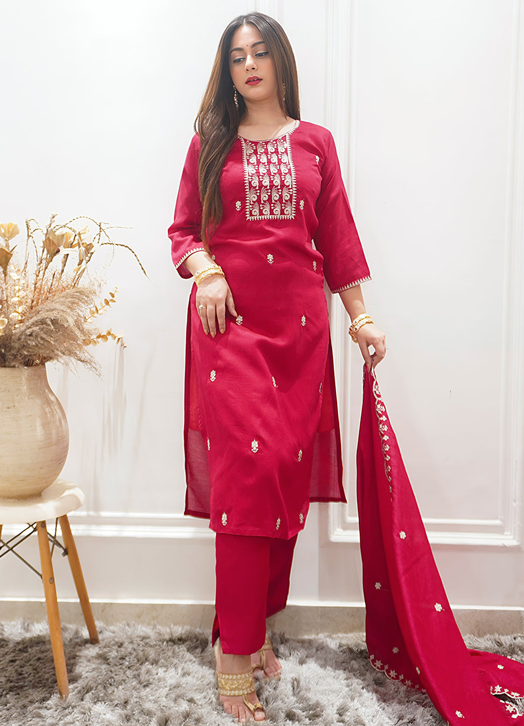 Zariyaa Silk Blend Embroidered Anarkali Kurta Pant Set with Dupatta Party Wear Ethnic Suit for Women