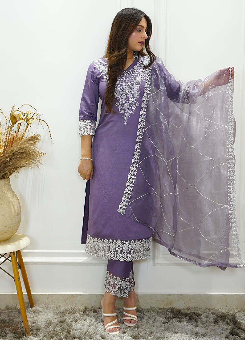 Shaam Lavender Silk Blend Calf Length Embroidered Straight Suit Set