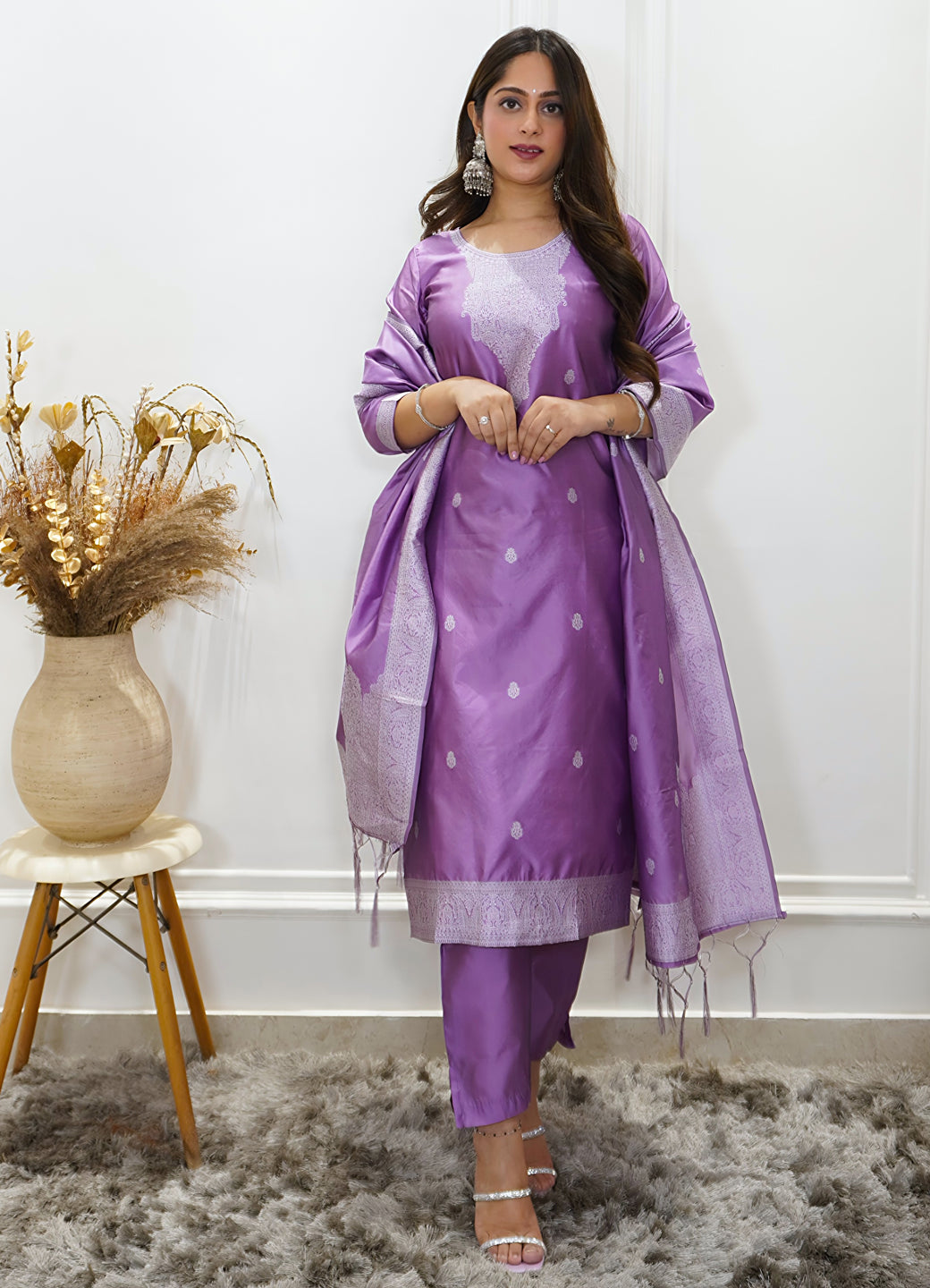 Vedhika Womens Embroidered Cotton Blend Kurta Pant Set with Banarasi Silk Dupatta Elegant Ethnic Wear