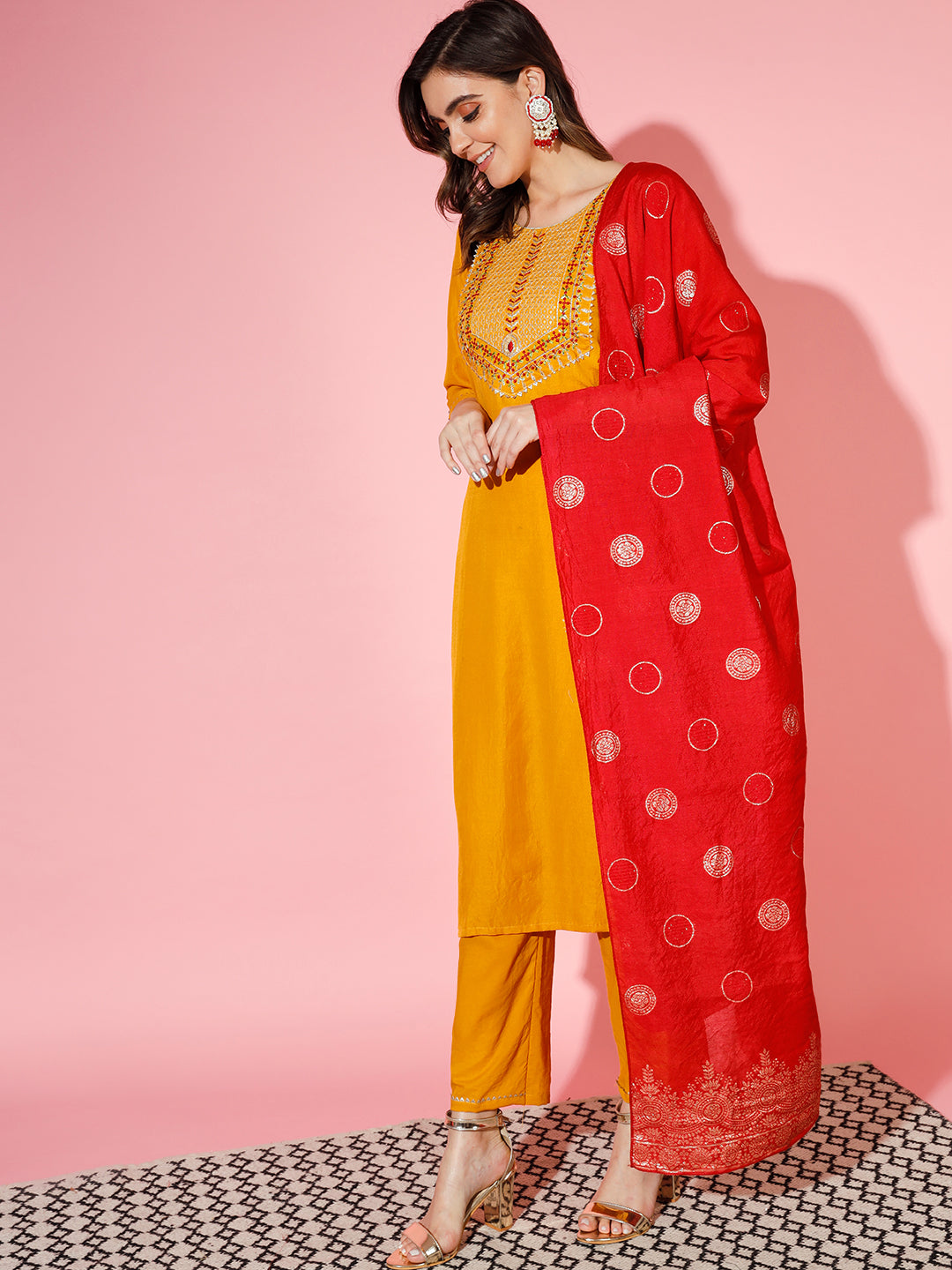 VredeVogel Embroidery Women Kurta and Trousers Pant Suits Set Silk Blend