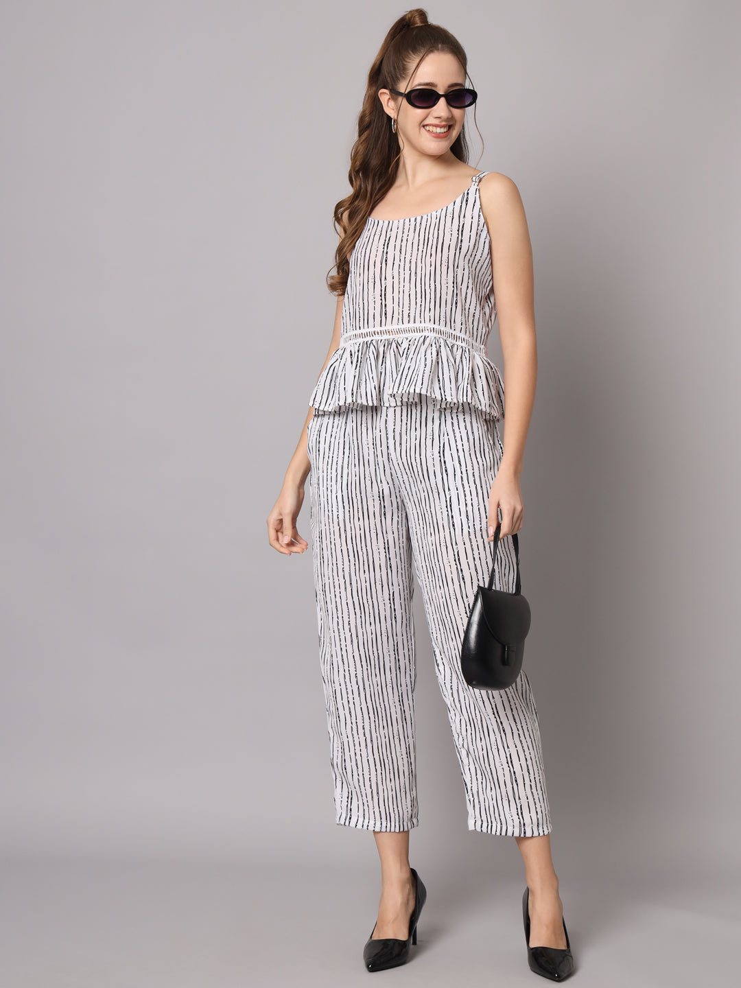 VredeVogel Women's Printed Polyester Rayon Regular Fit Striped Jumpsuit Maxi Dress