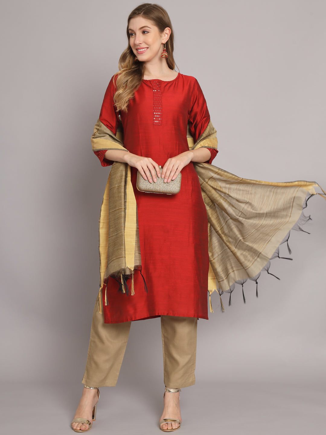 VredeVogel  Women Kurta and Trousers Pant Set Cotton Silk Blend