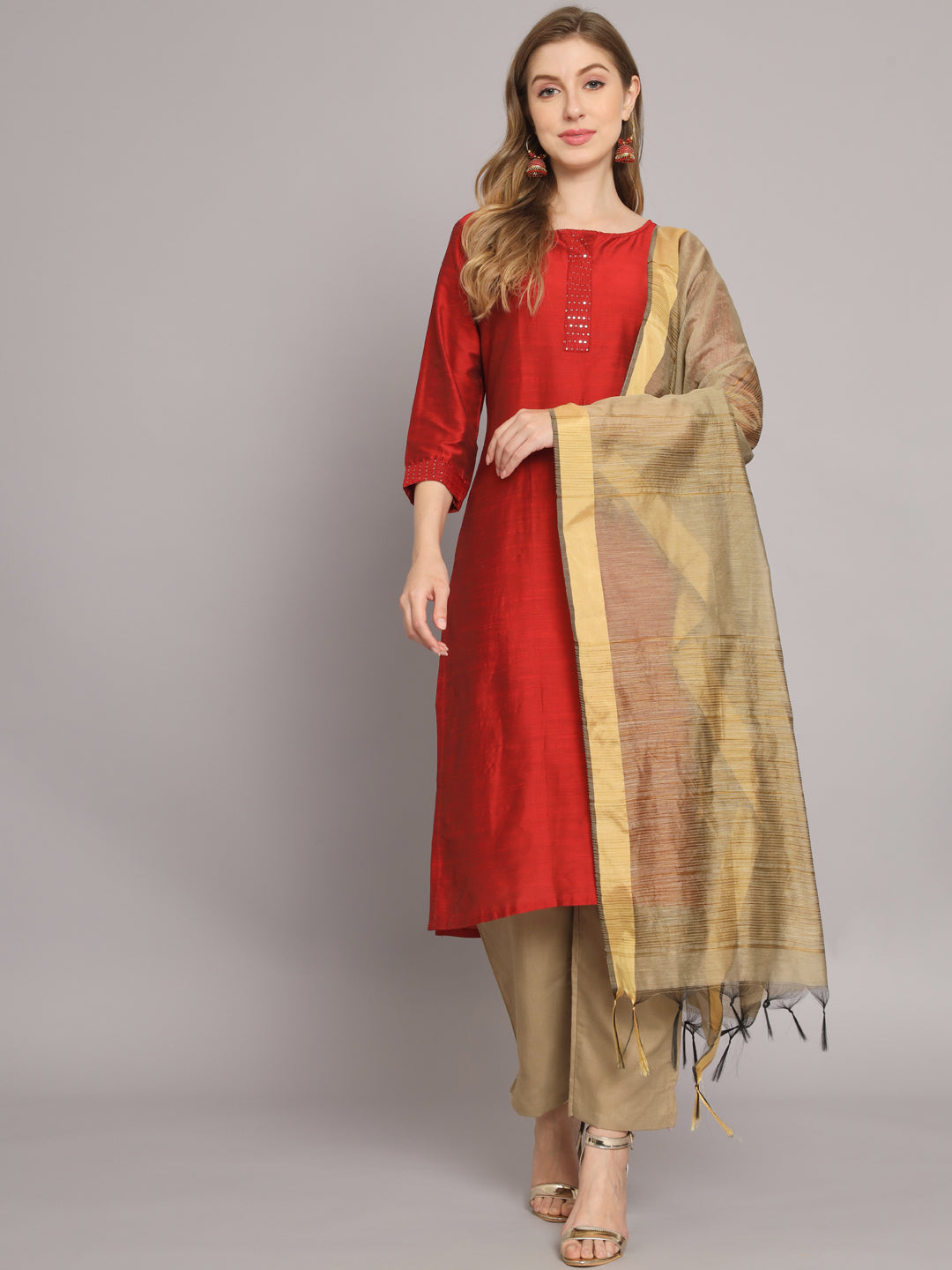 VredeVogel  Women Kurta and Trousers Pant Set Cotton Silk Blend