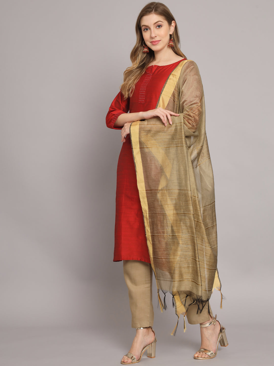 VredeVogel  Women Kurta and Trousers Pant Set Cotton Silk Blend