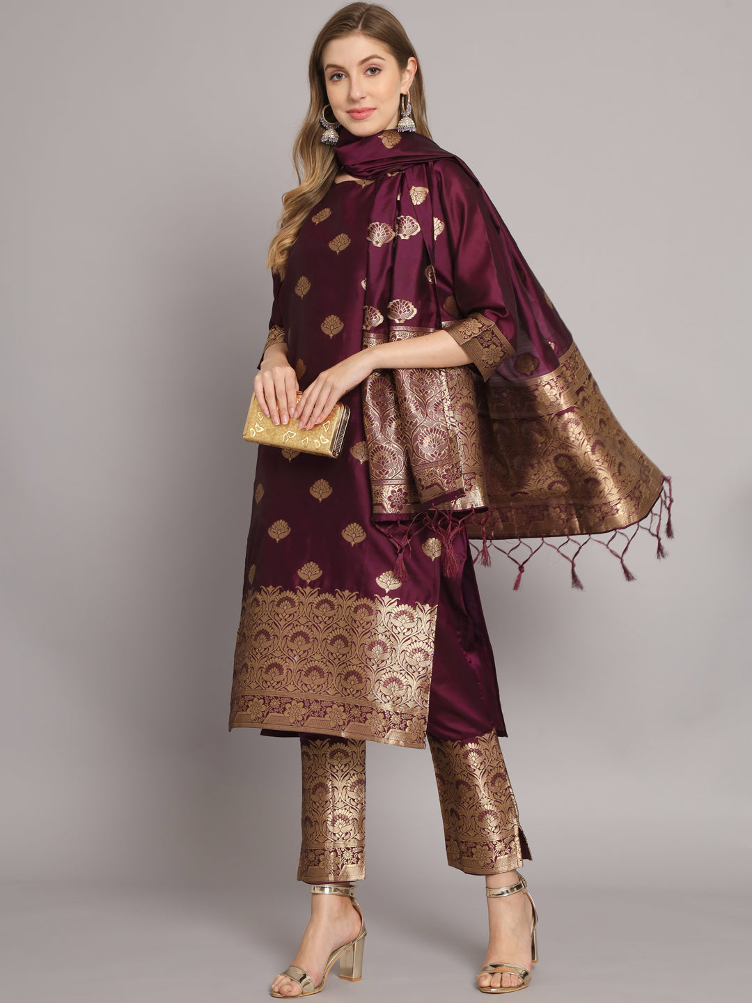 VredeVogel  Women Kurta and Trousers Pant Set Heavy Zari Wok Silk Blend