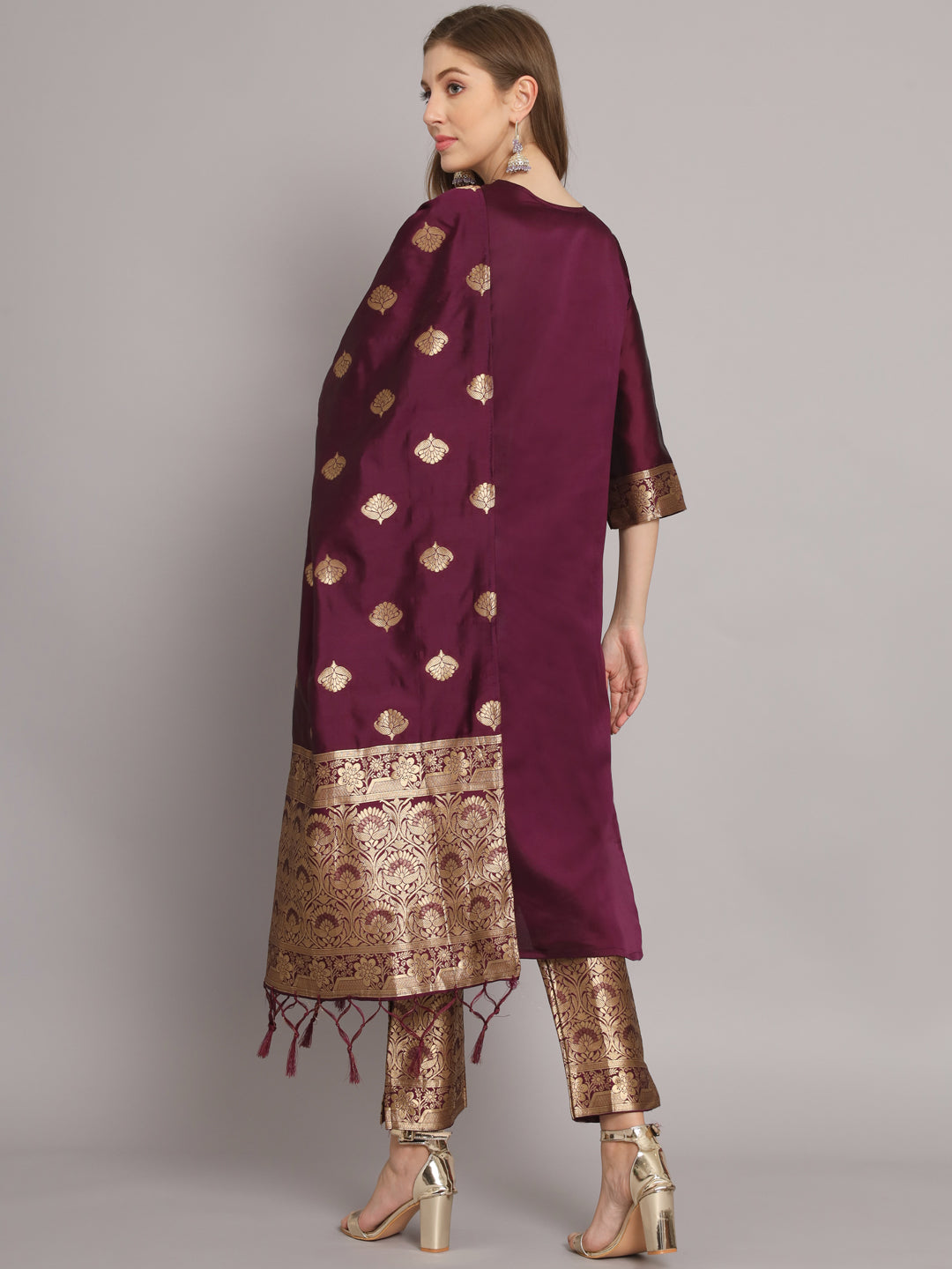 VredeVogel  Women Kurta and Trousers Pant Set Heavy Zari Wok Silk Blend