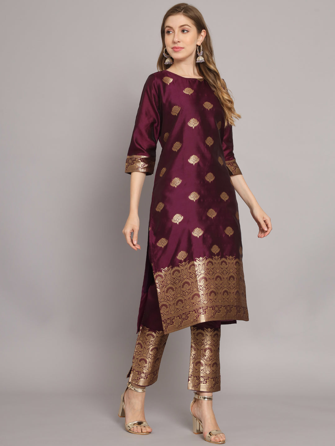 VredeVogel  Women Kurta and Trousers Pant Set Heavy Zari Wok Silk Blend