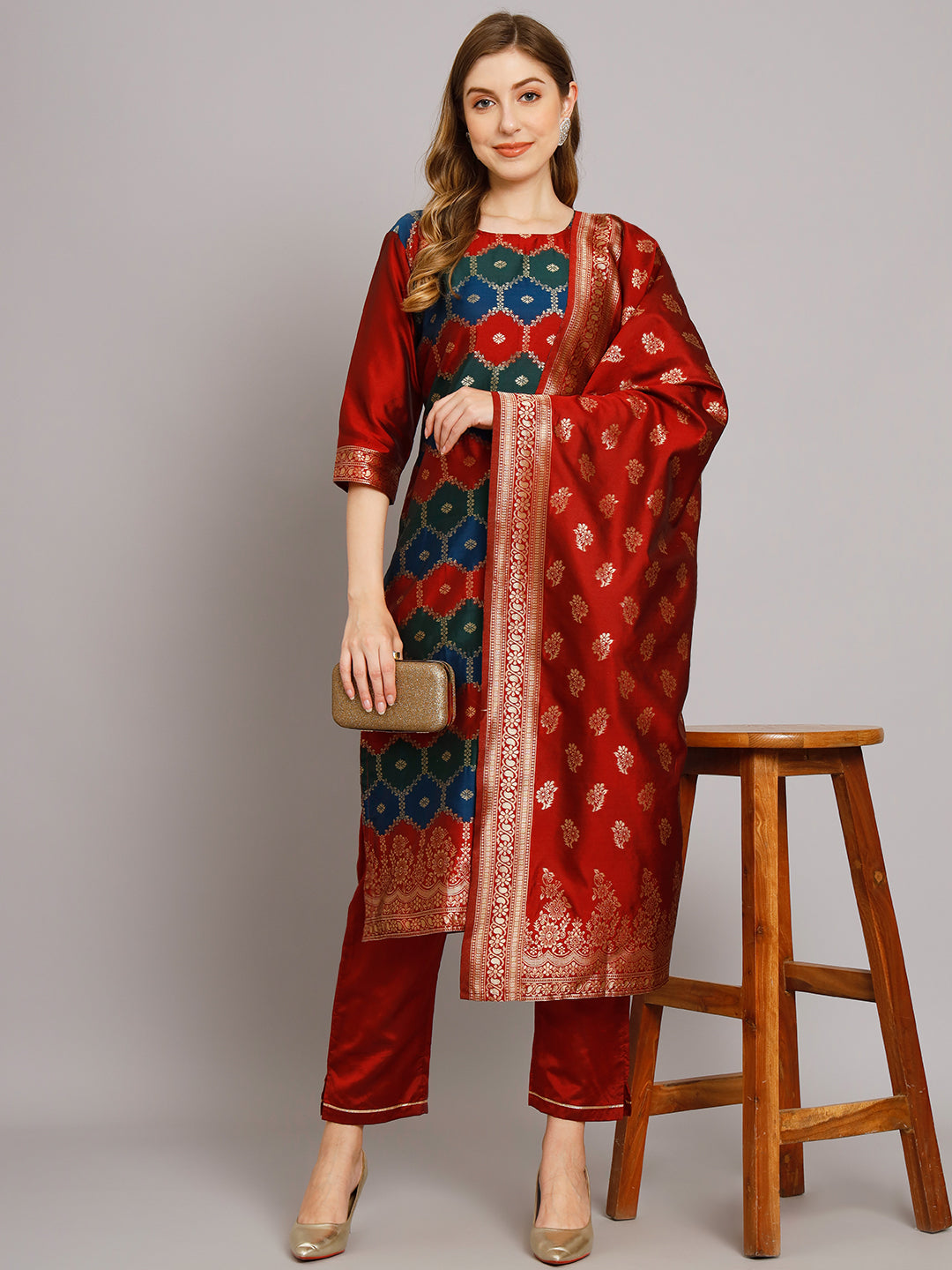 Women Kurta and Trousers Pant Set Heavy Zari Work Silk Blend