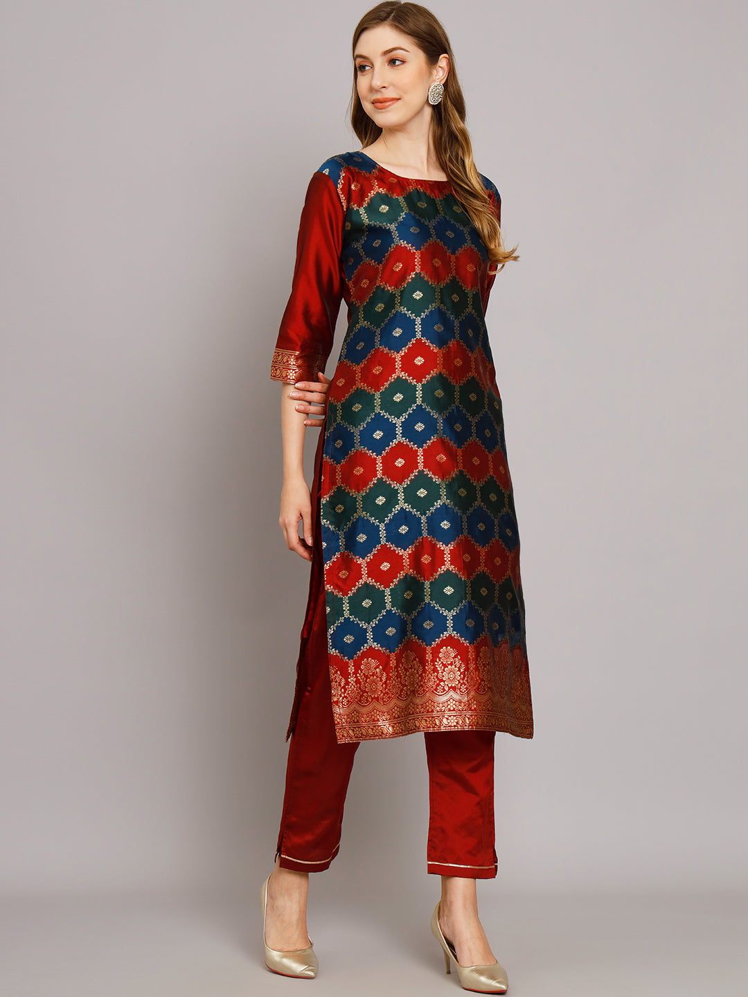 Women Kurta and Trousers Pant Set Heavy Zari Work Silk Blend