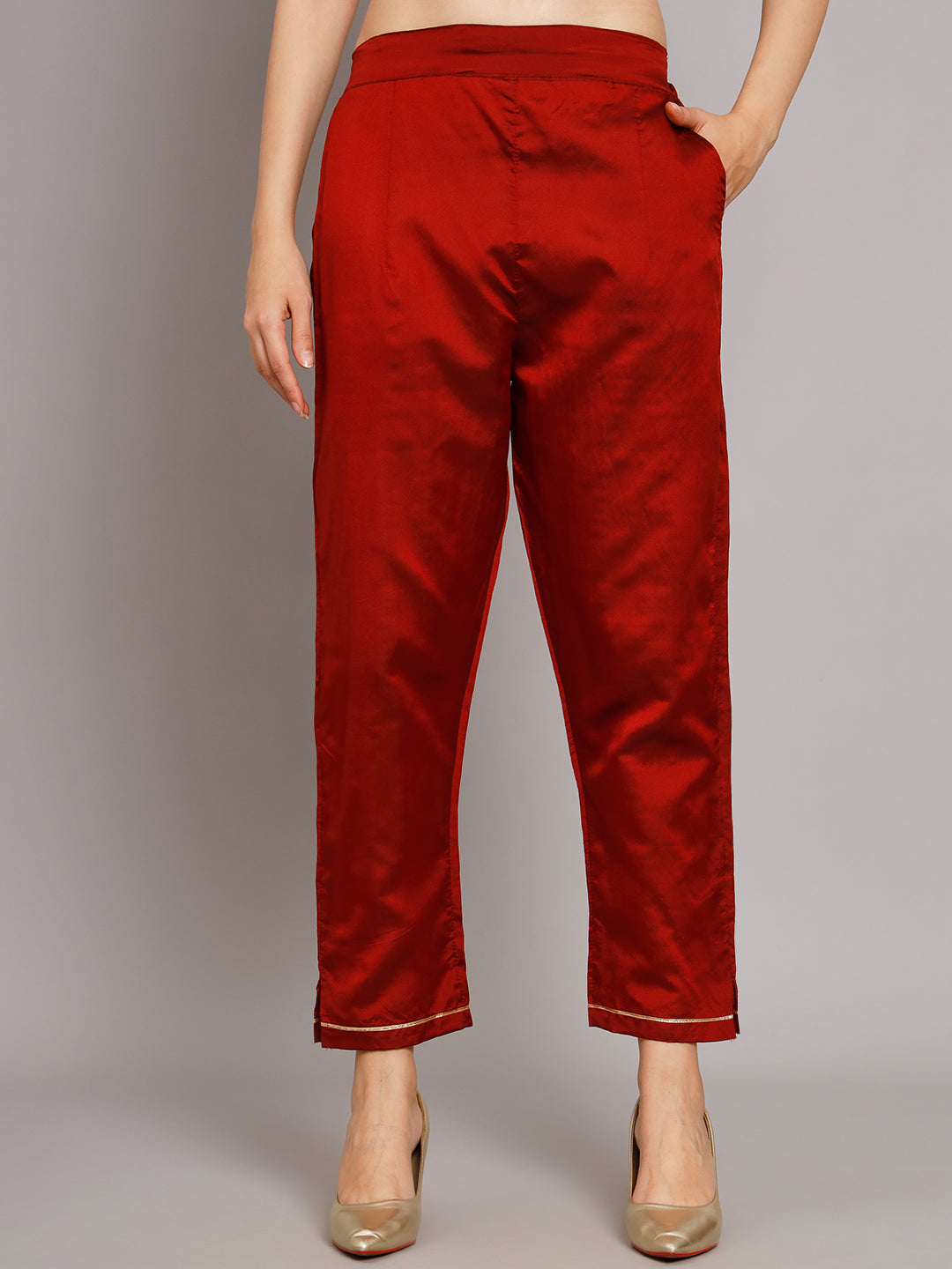 Women Kurta and Trousers Pant Set Heavy Zari Work Silk Blend
