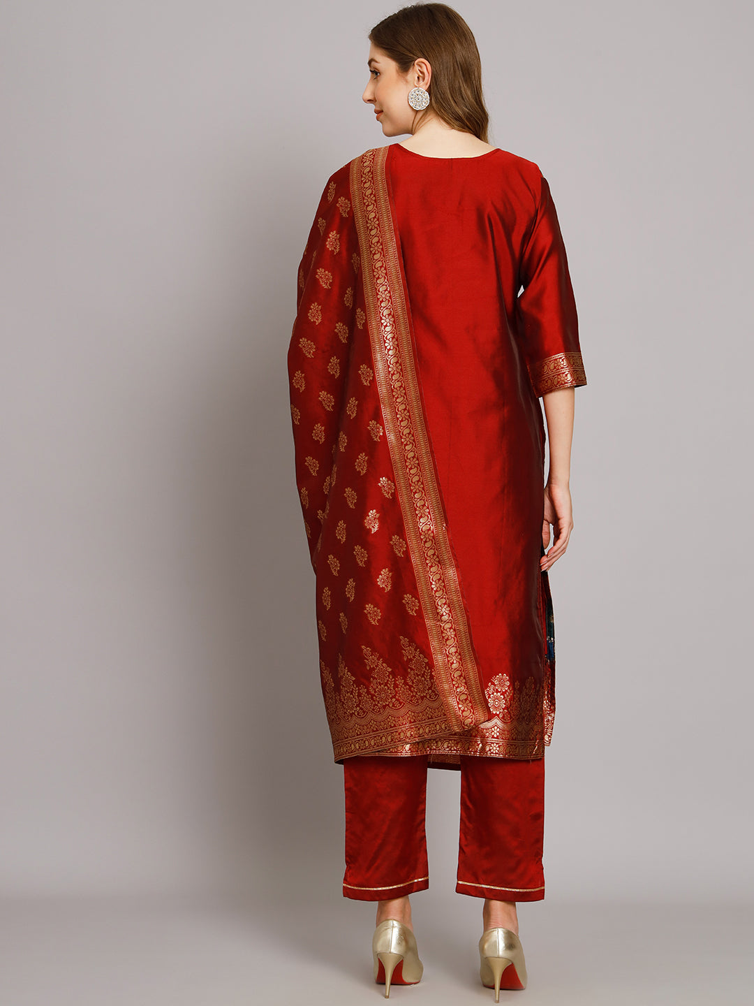 Women Kurta and Trousers Pant Set Heavy Zari Work Silk Blend